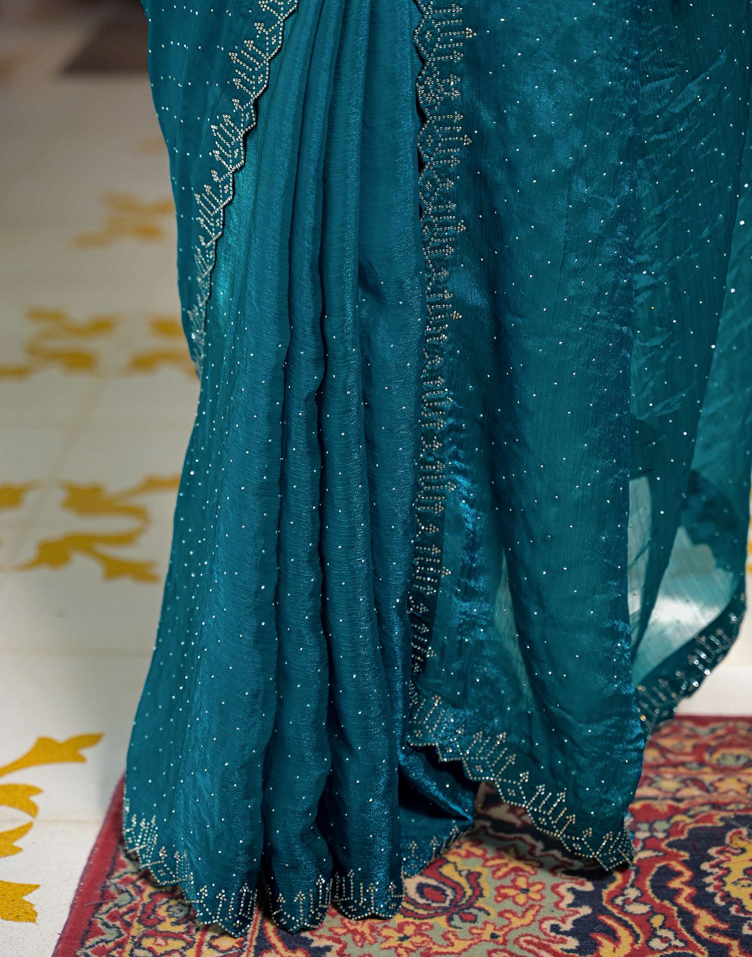 Teal Blue Shimmer Stone Work Swarovski Saree - Image 7