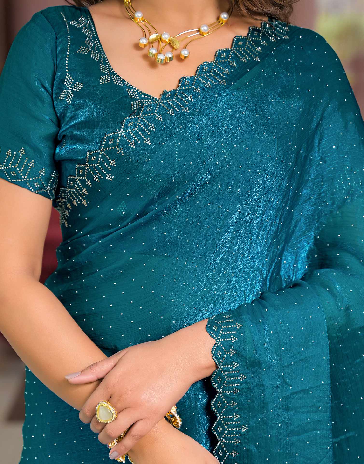 Teal Blue Shimmer Stone Work Swarovski Saree - Image 8