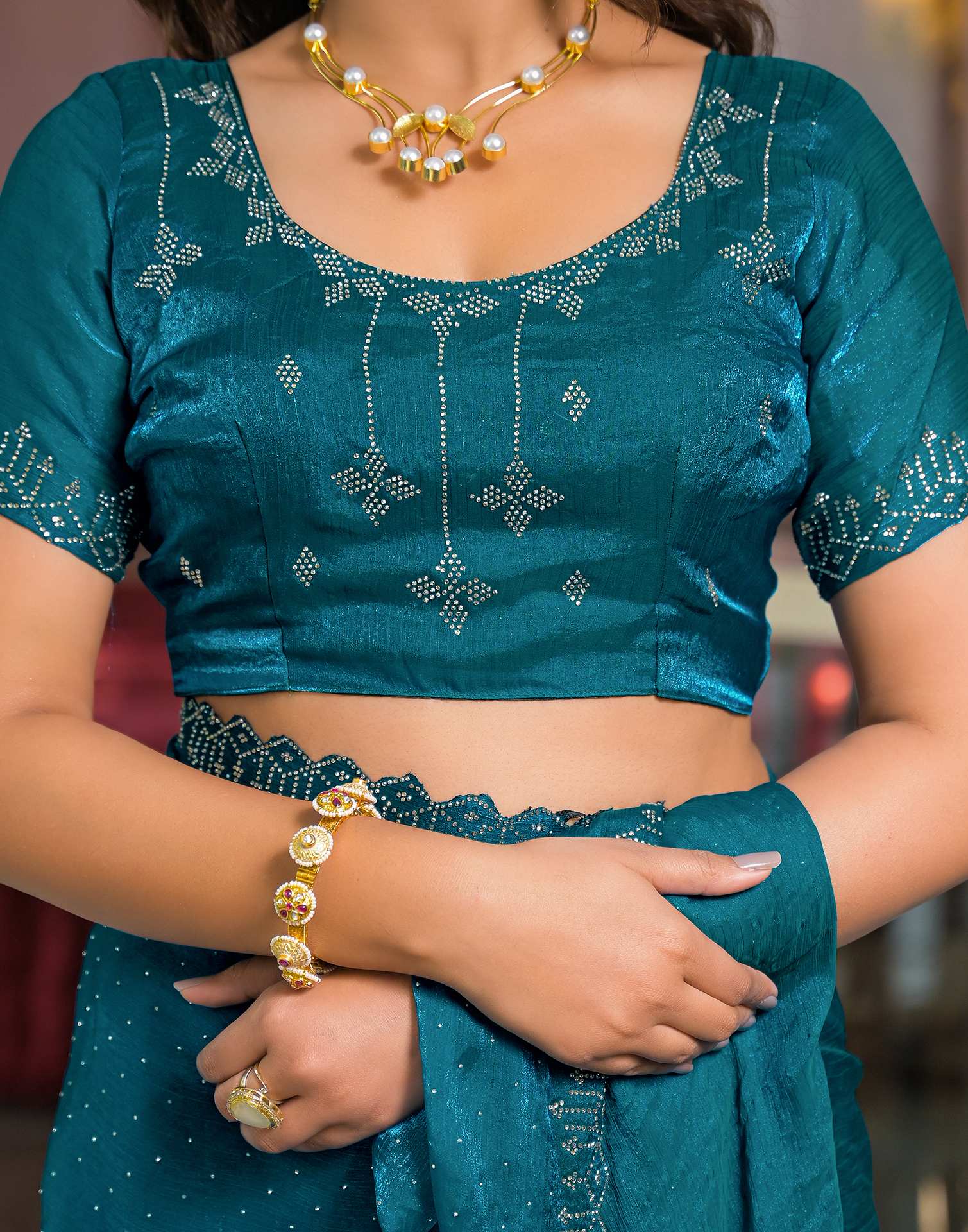 Teal Blue Shimmer Stone Work Swarovski Saree - Image 9