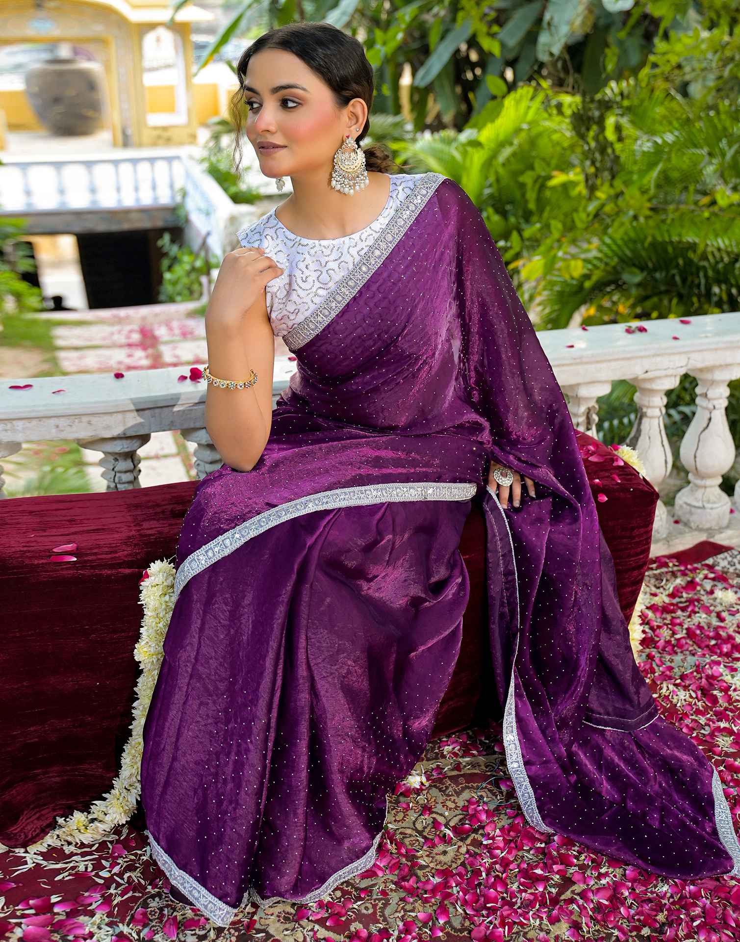 Dark Purple Shimmer Tissue Stone Work Swarovski Saree