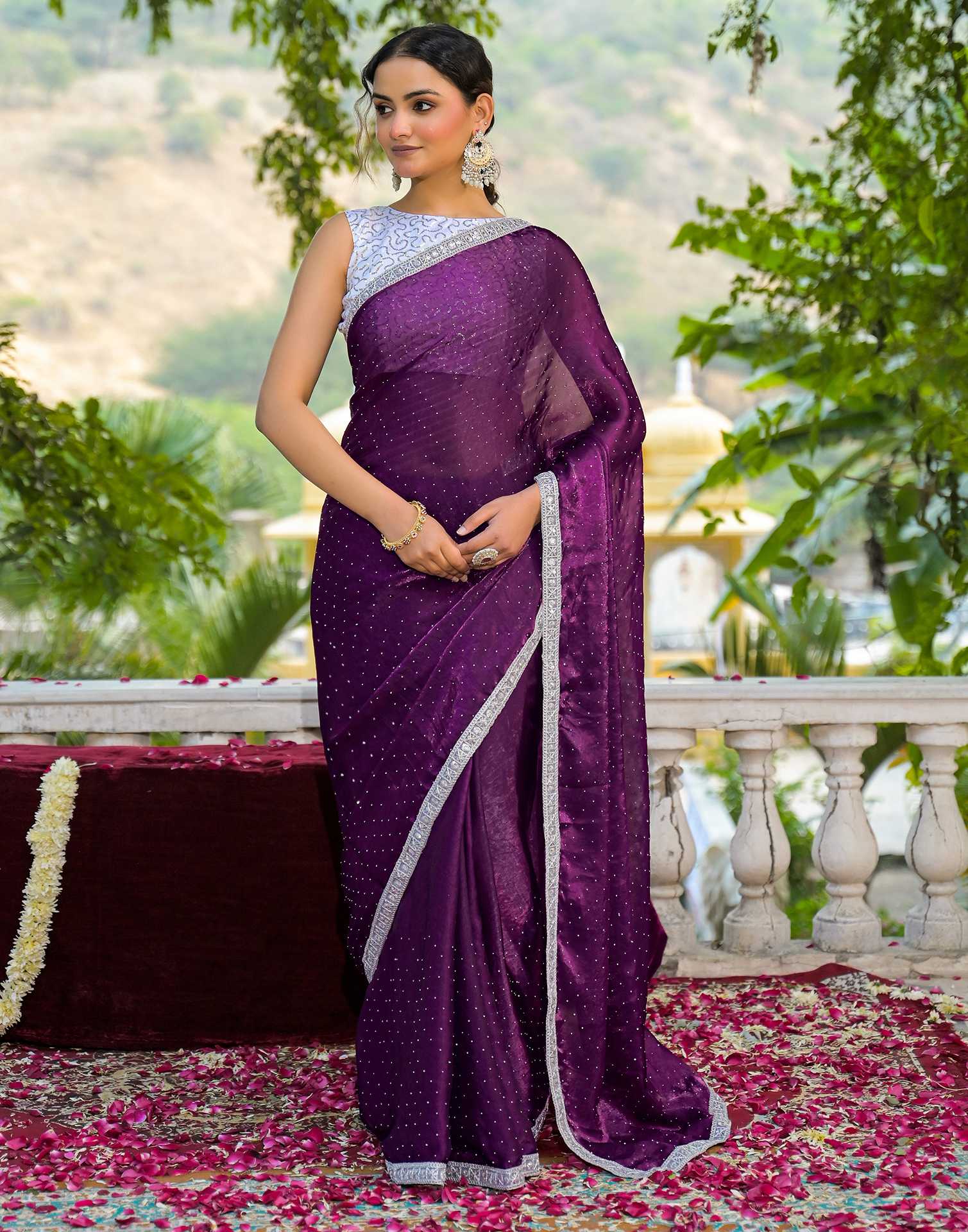 Dark Purple Shimmer Tissue Stone Work Swarovski Saree - Image 2