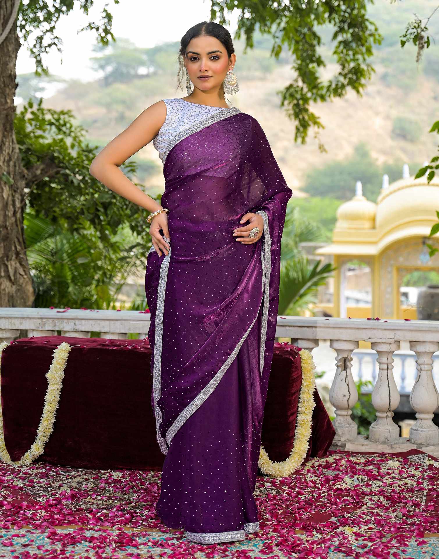 Dark Purple Shimmer Tissue Stone Work Swarovski Saree - Image 5