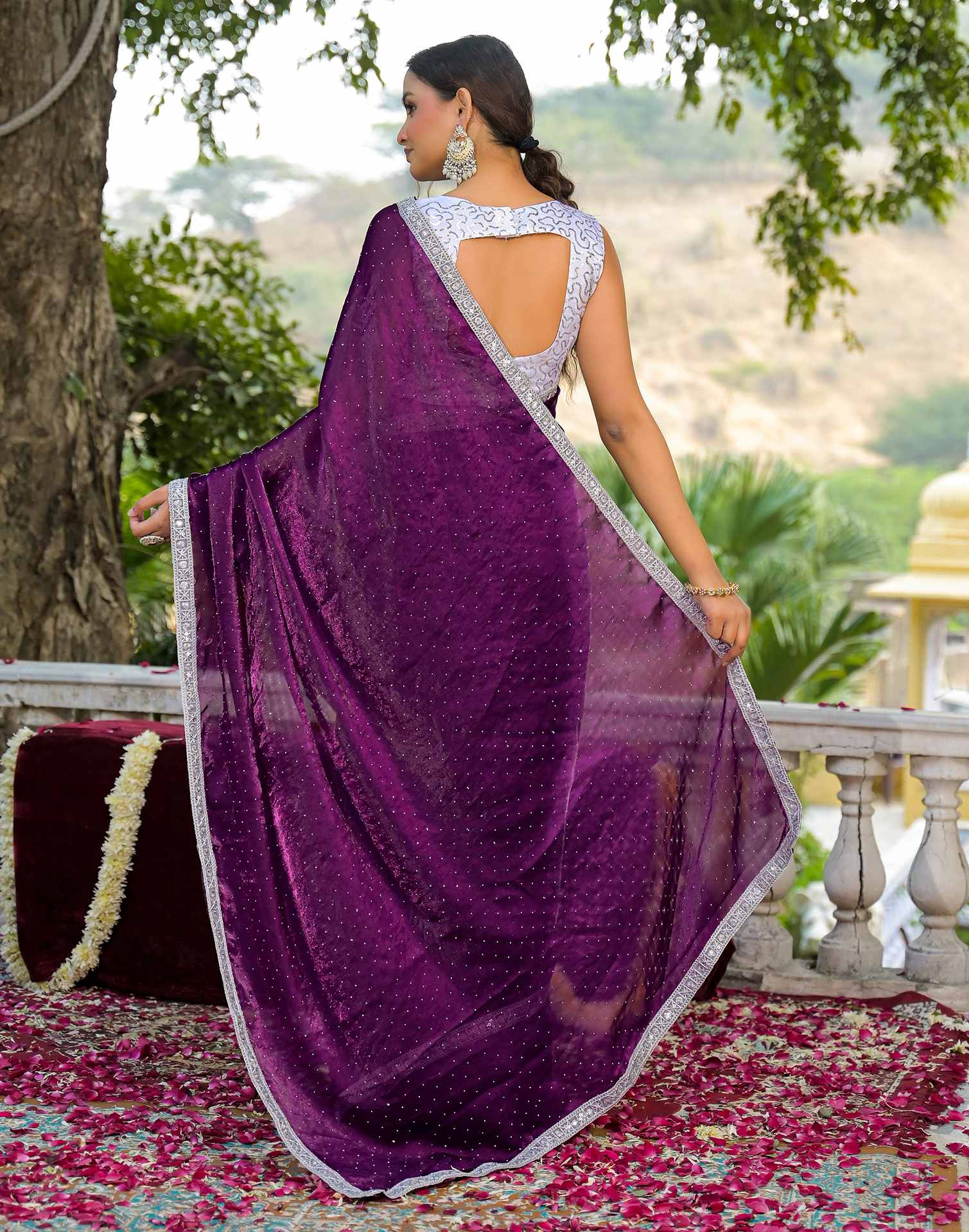 Dark Purple Shimmer Tissue Stone Work Swarovski Saree - Image 6