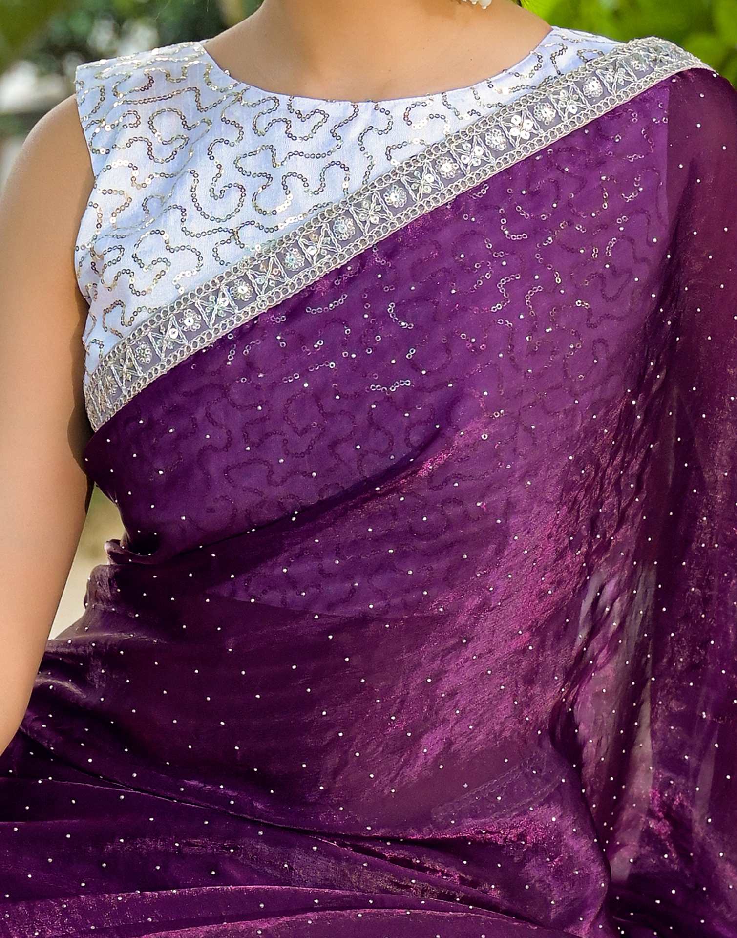 Dark Purple Shimmer Tissue Stone Work Swarovski Saree - Image 8