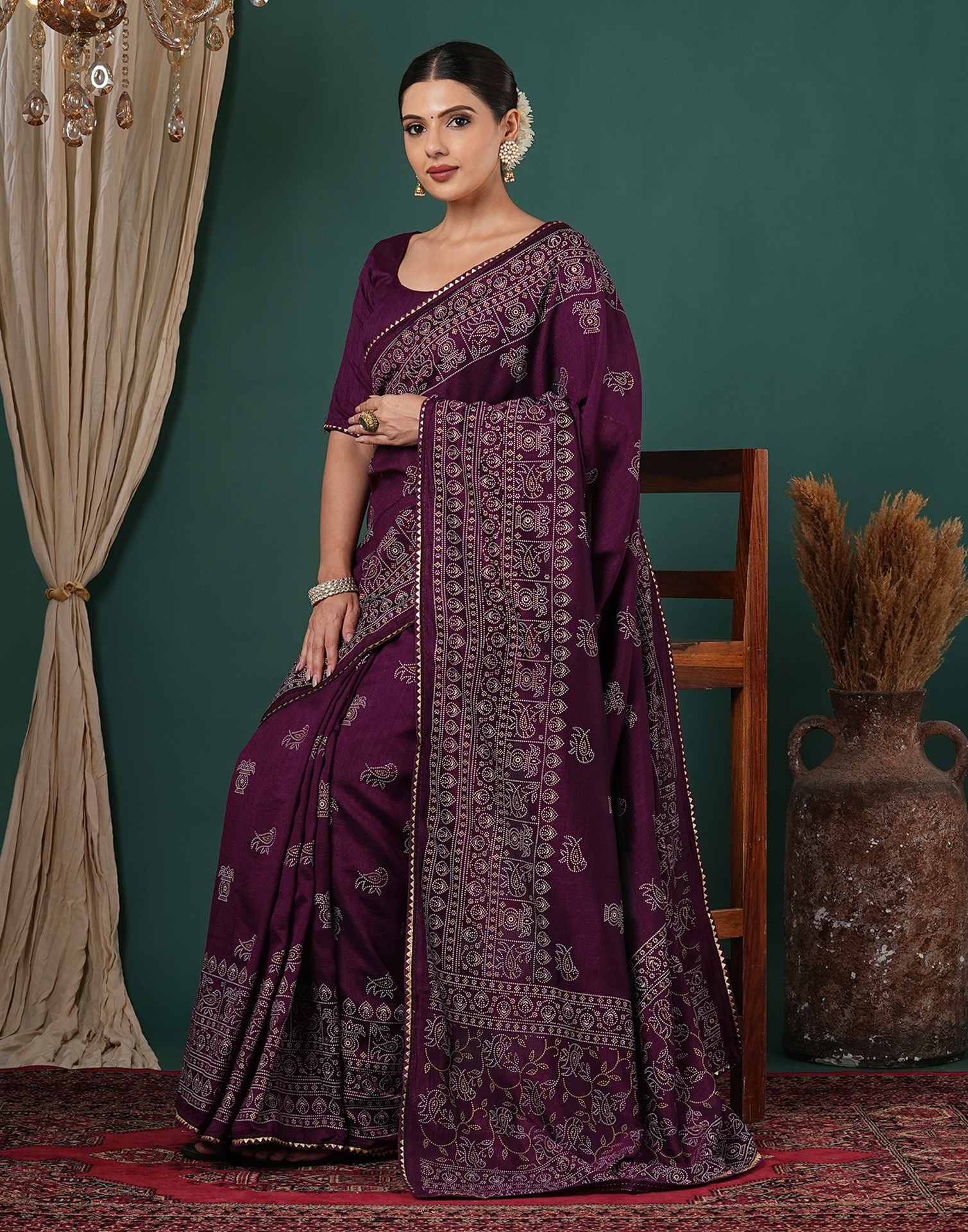 Dark Purple Silk Printed Saree - Image 5