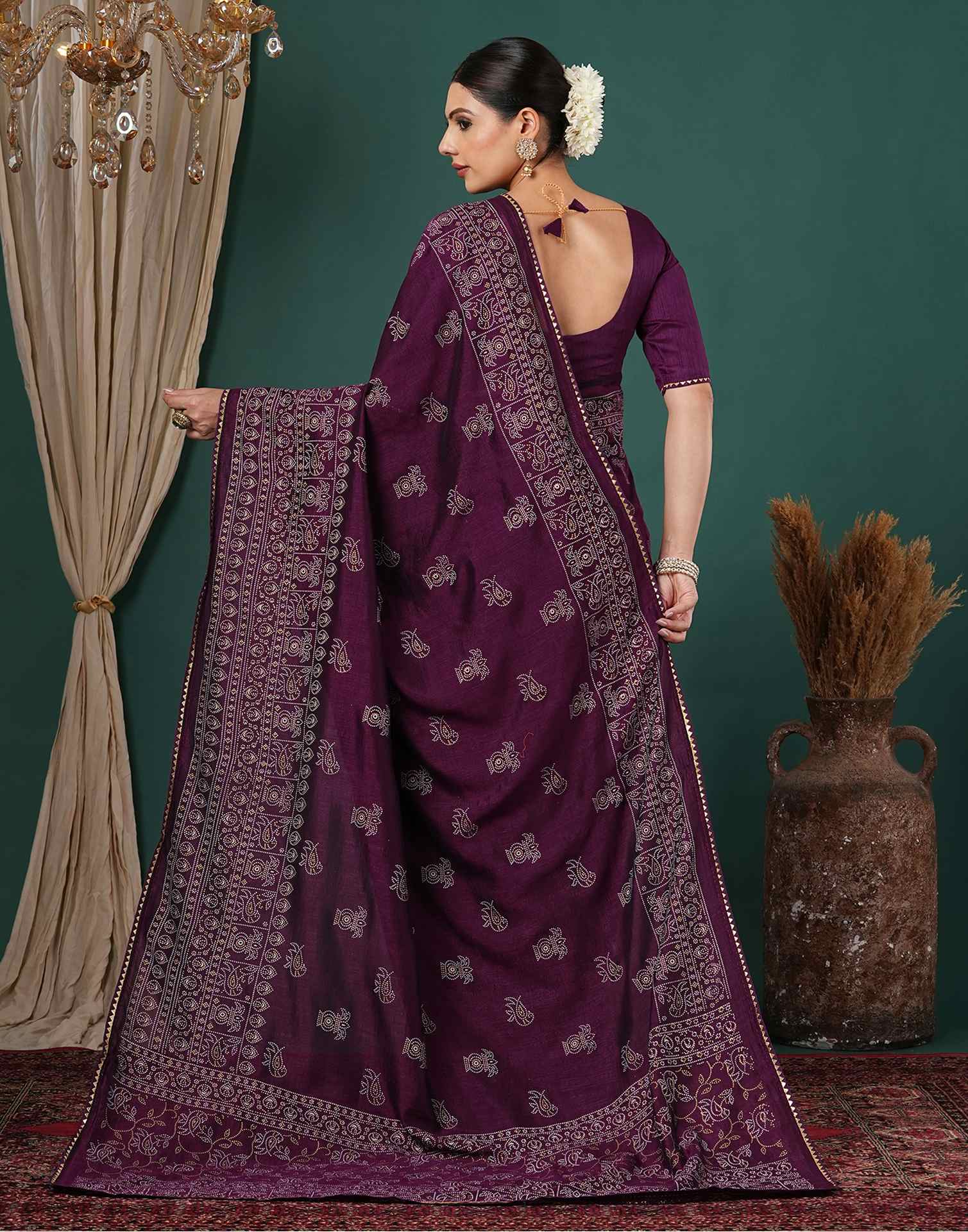 Dark Purple Silk Printed Saree - Image 7