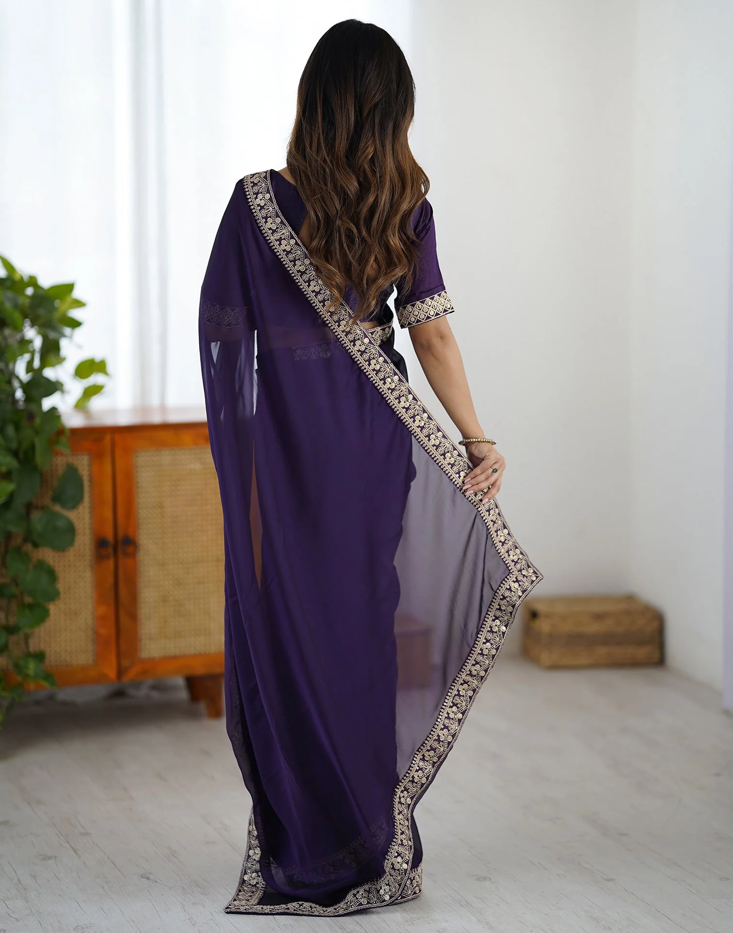 Dark Purple Silk Sequence Lace Saree - Image 6