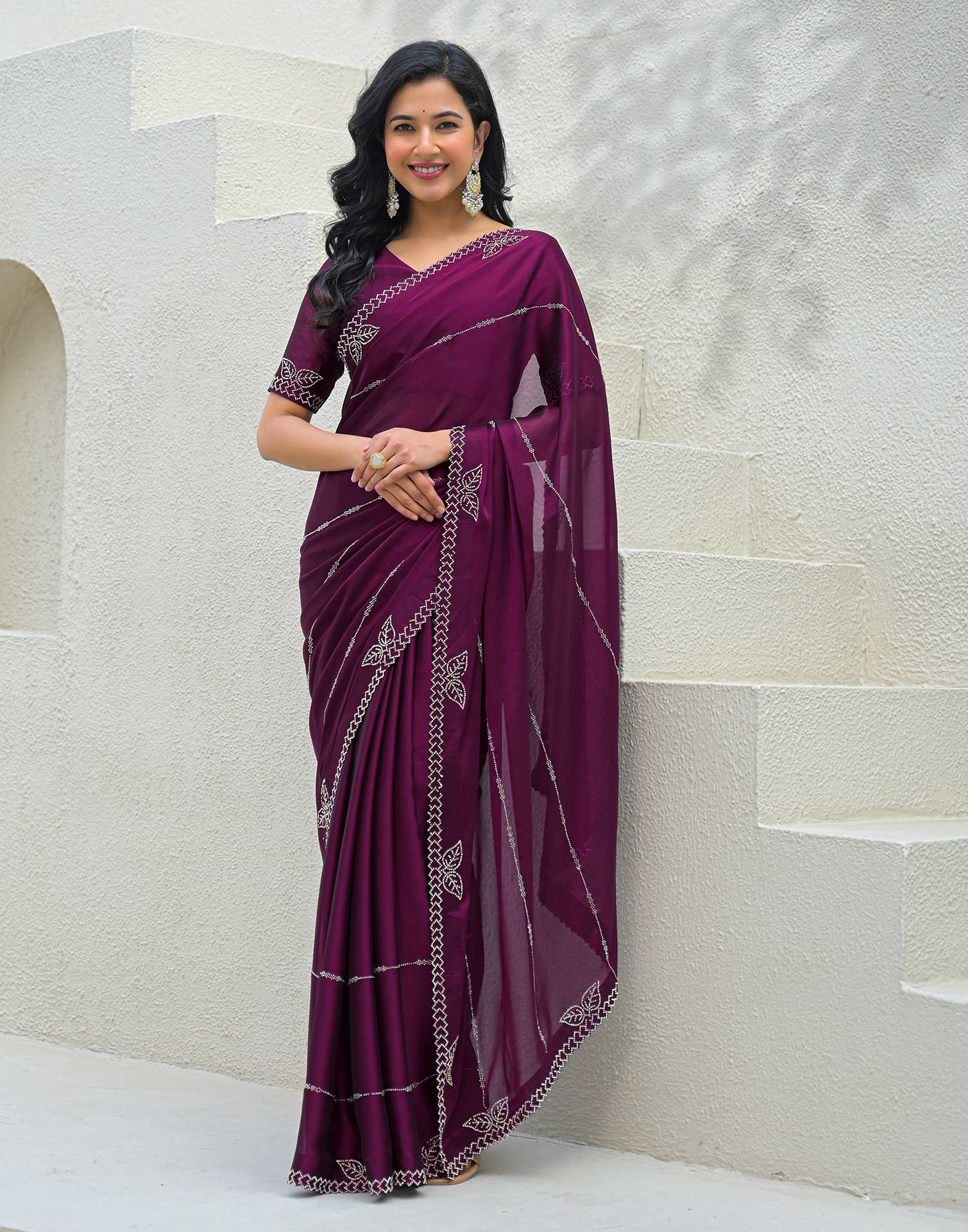 Dark Purple Silk Stone Work Swarovski Saree - Image 2