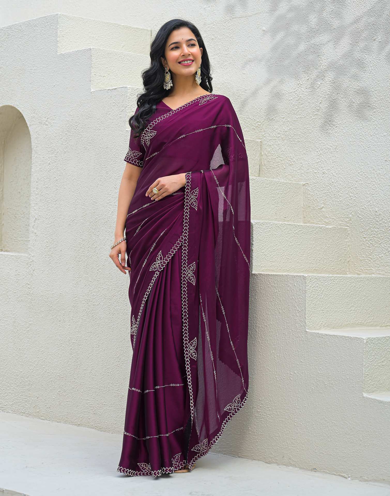 Dark Purple Silk Stone Work Swarovski Saree - Image 4