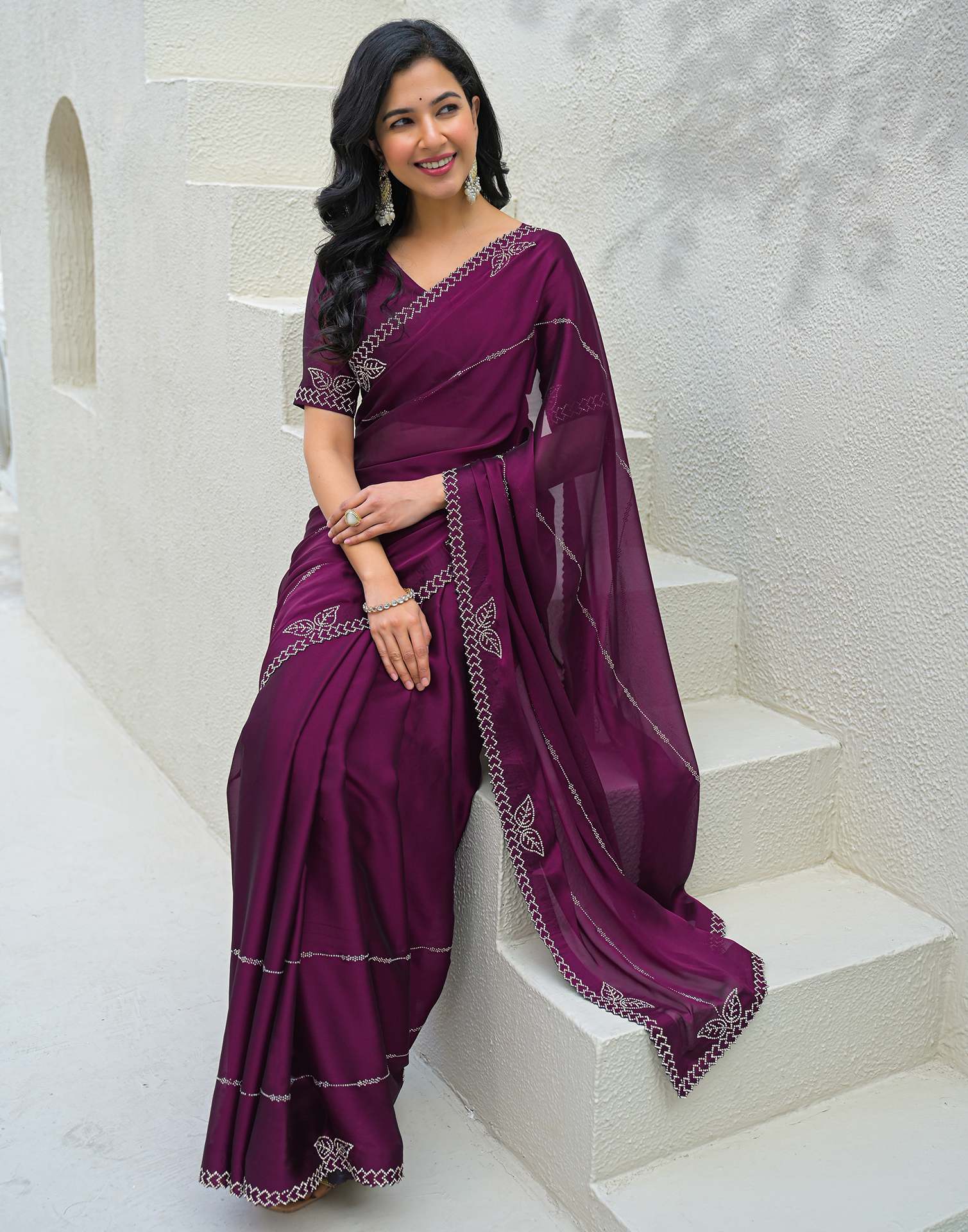 Dark Purple Silk Stone Work Swarovski Saree - Image 7