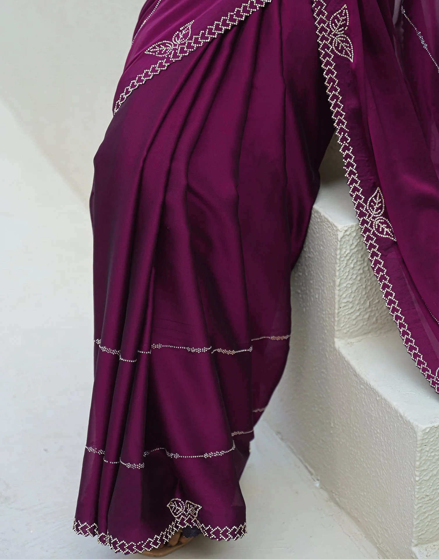Dark Purple Silk Stone Work Swarovski Saree - Image 8