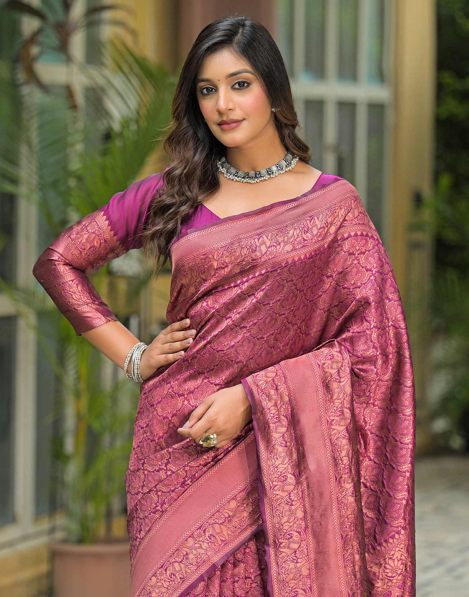 Dark Purple Silk Woven Banarasi Saree - Image 4
