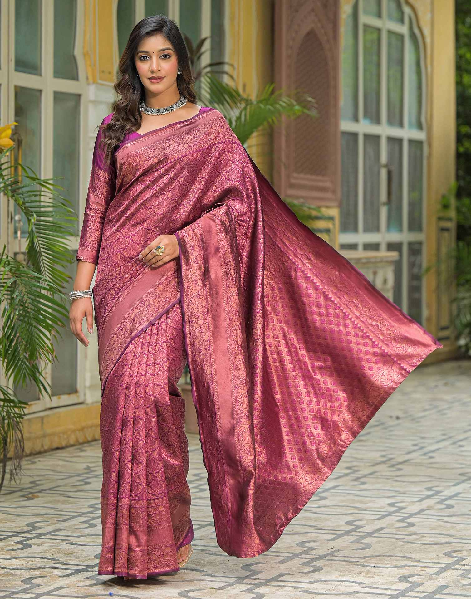 Dark Purple Silk Woven Banarasi Saree - Image 8