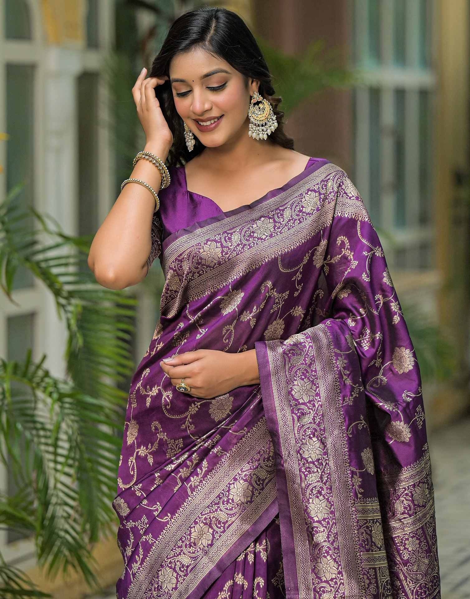 Dark Purple Silk Woven Banarasi Saree - Image 2