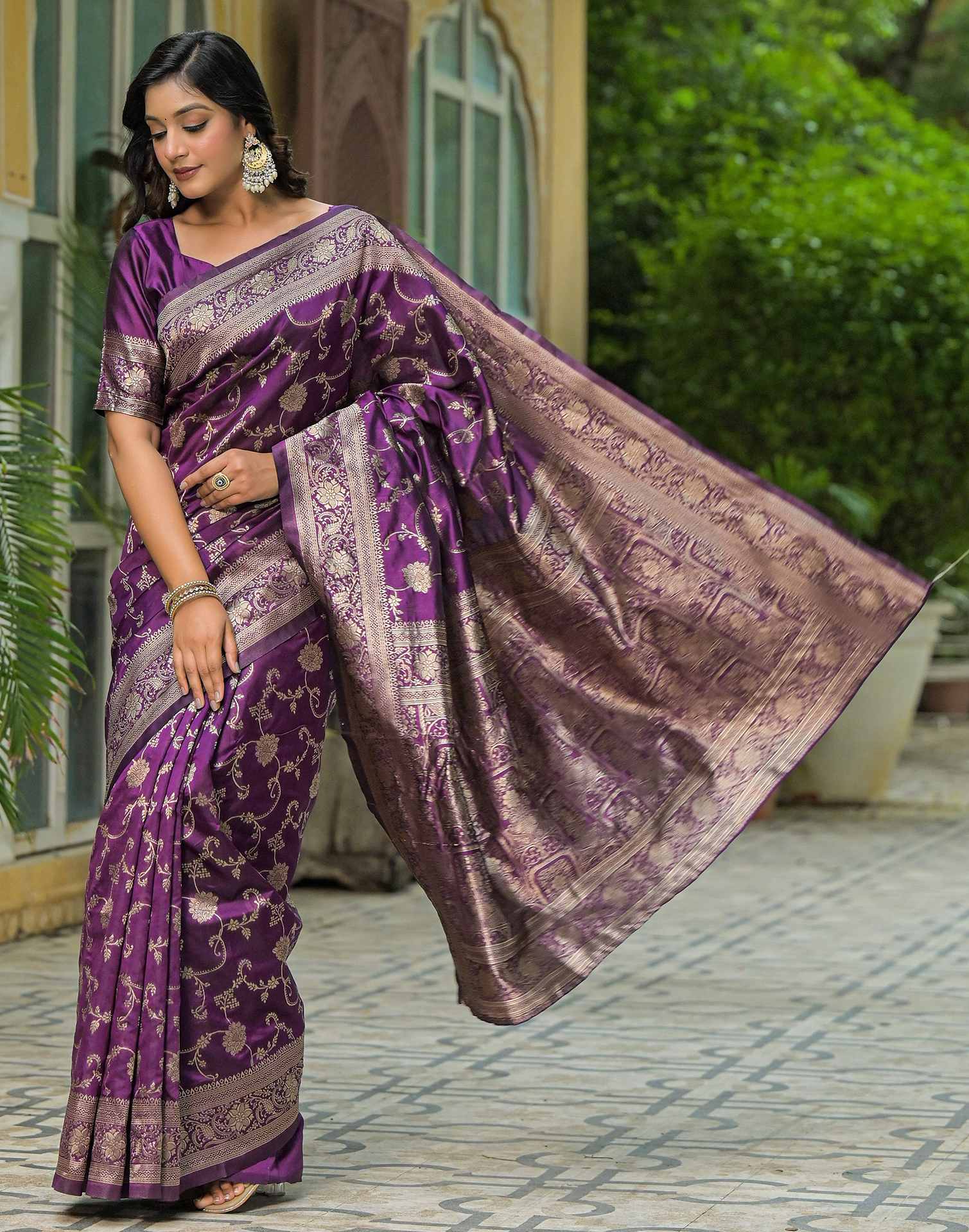 Dark Purple Silk Woven Banarasi Saree - Image 6
