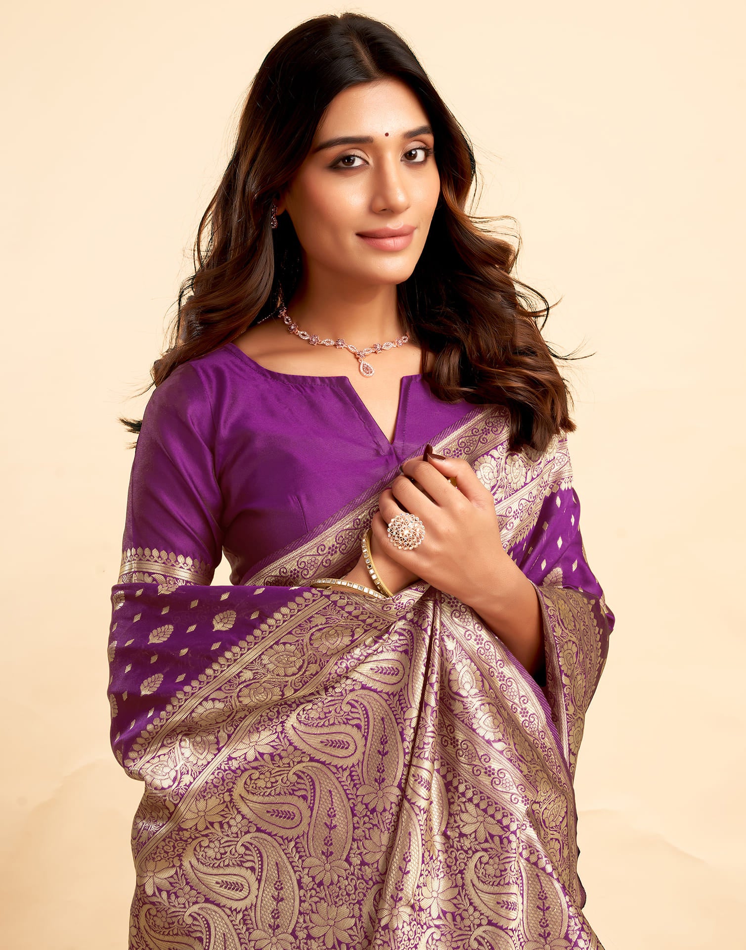 Dark Purple Silk Woven Banarasi Saree - Image 2