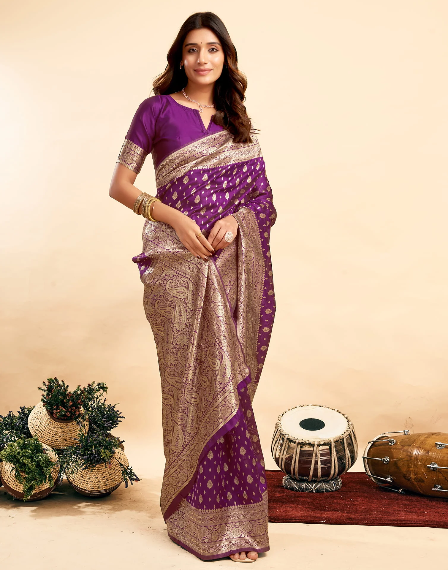 Dark Purple Silk Woven Banarasi Saree - Image 5