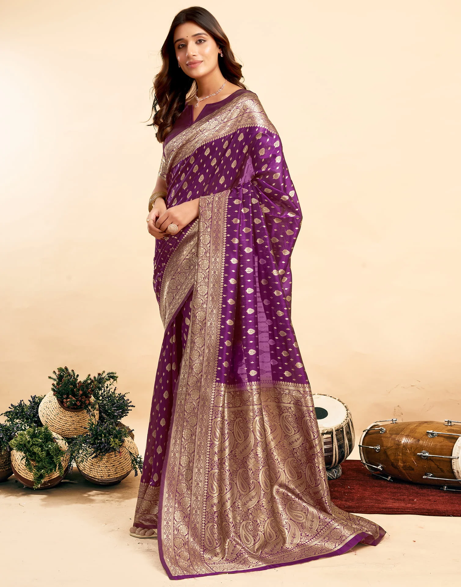 Dark Purple Silk Woven Banarasi Saree - Image 6