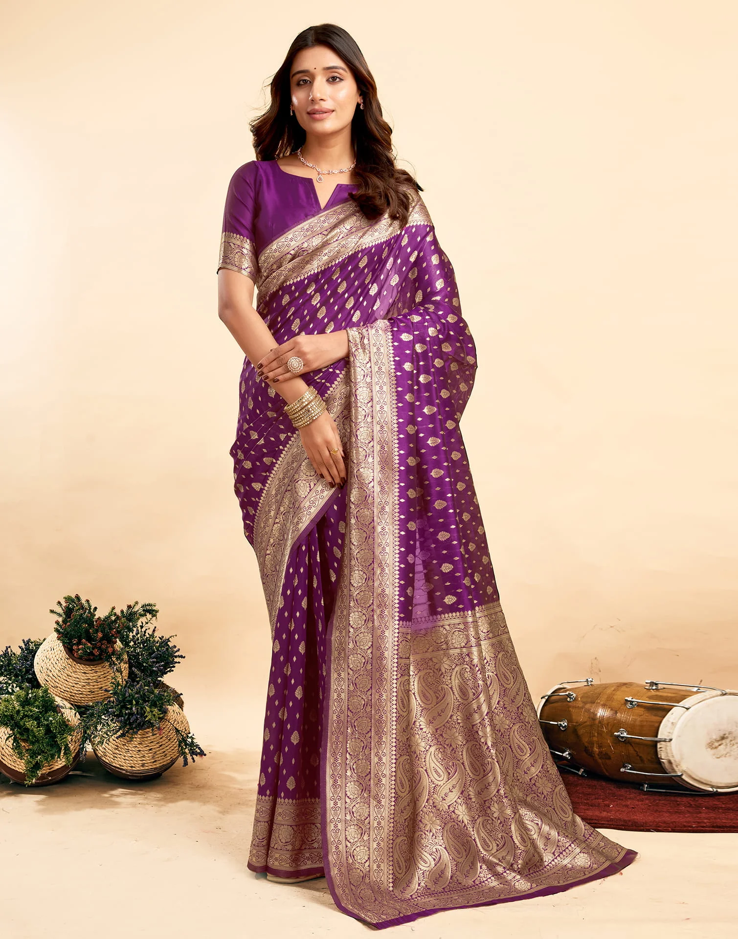 Dark Purple Silk Woven Banarasi Saree - Image 7