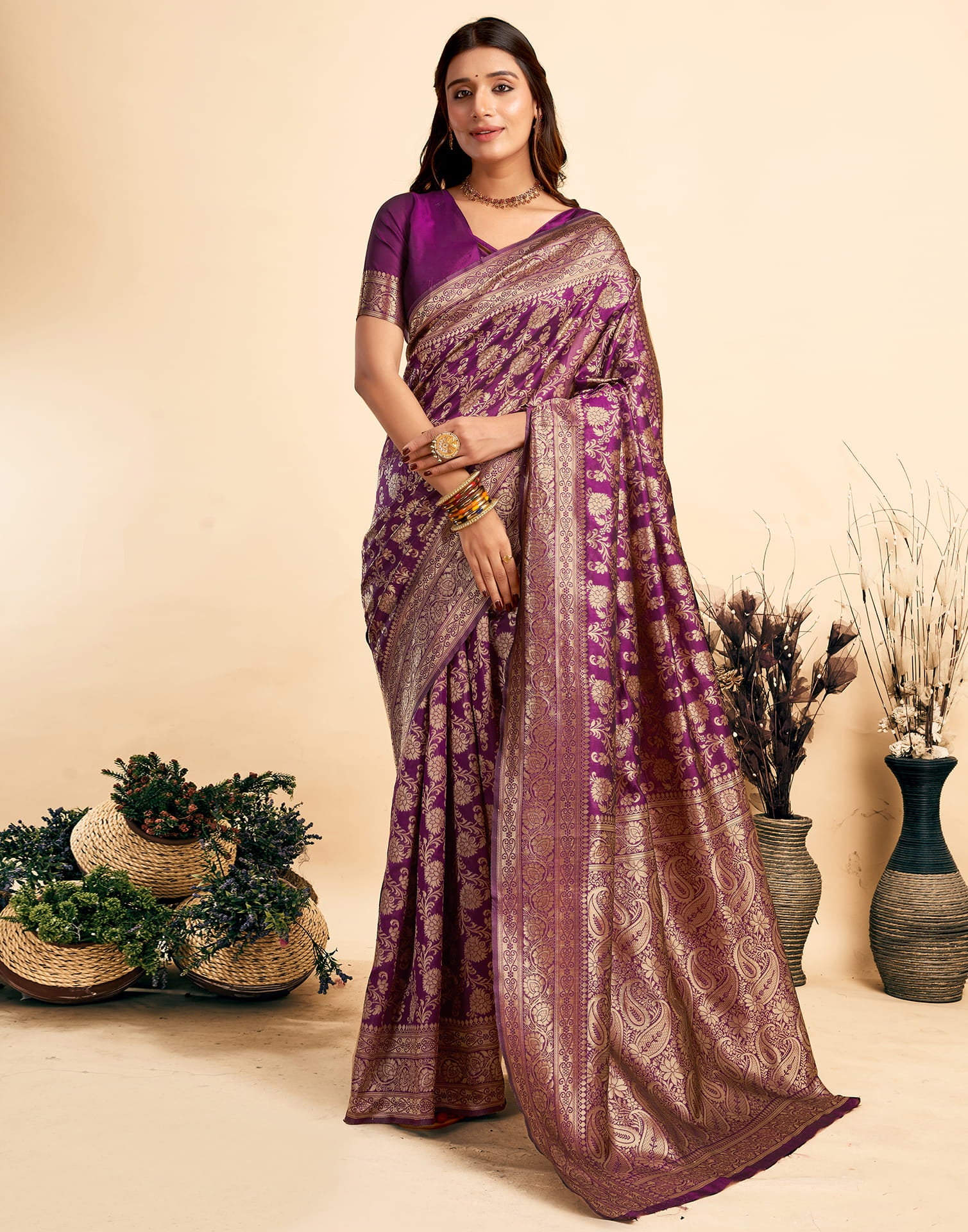 Dark Purple Woven Banarasi Silk Saree - Image 6