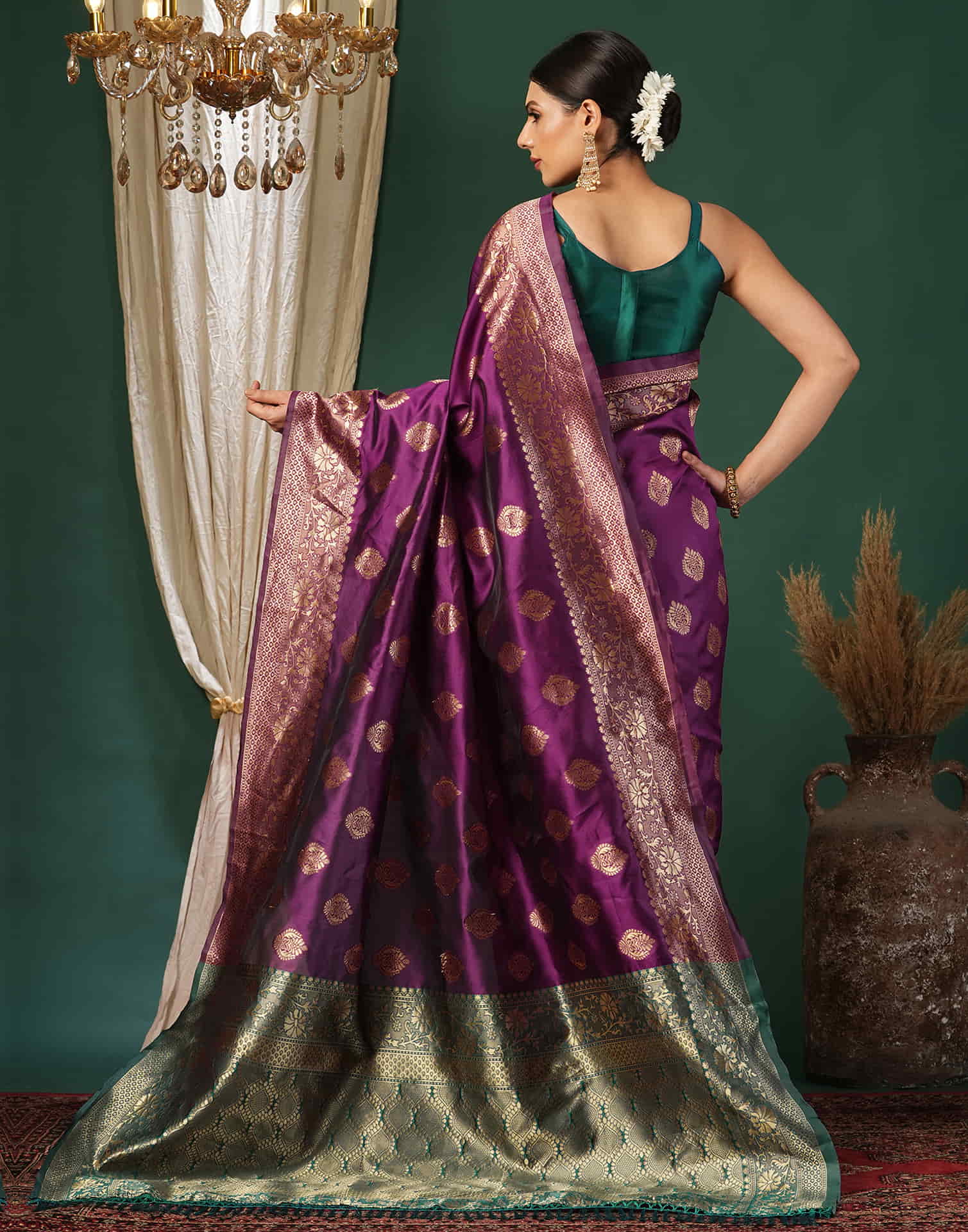 Purple Silk Blend Woven Banarasi Saree - Image 6