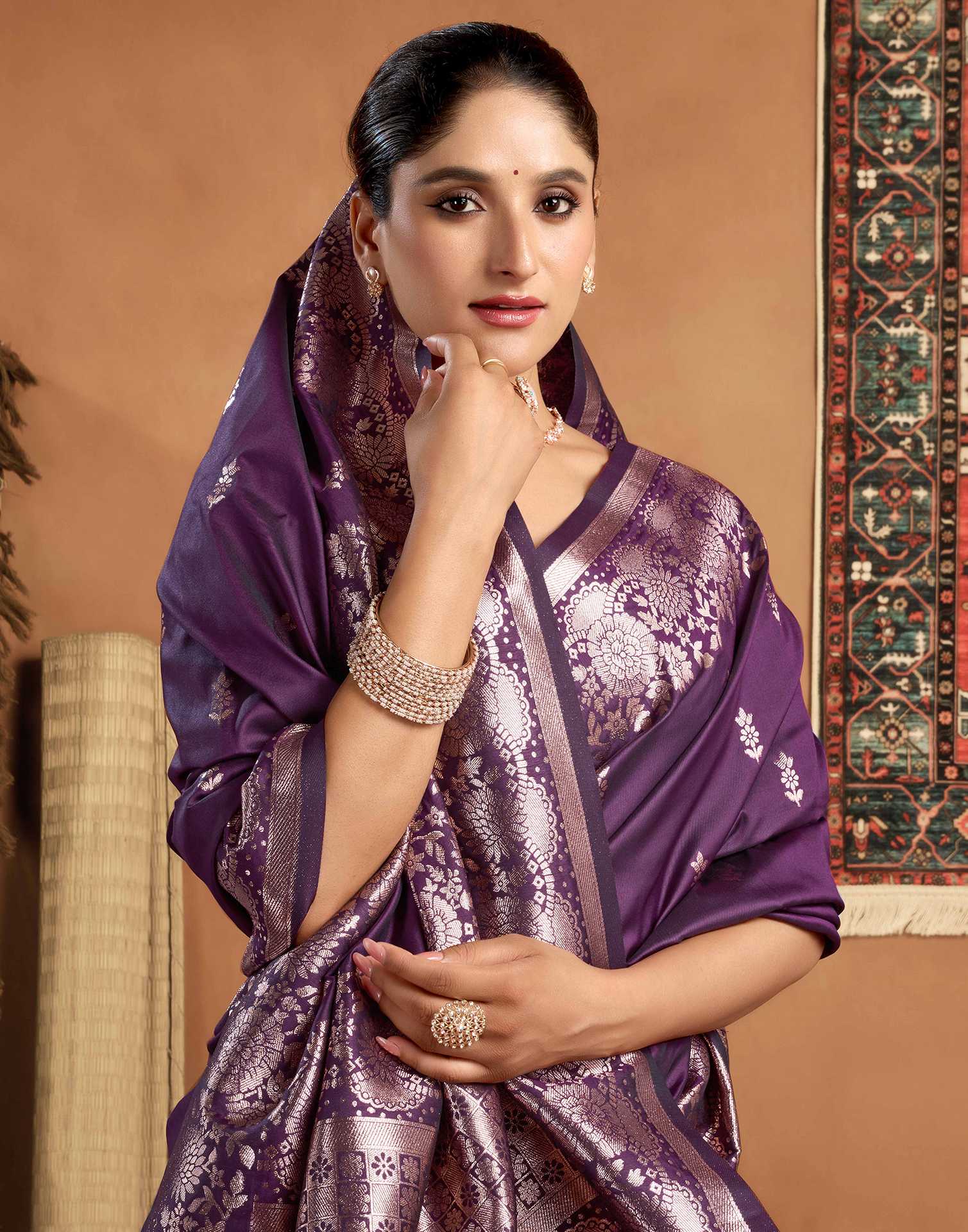 Dark Purple Silk Woven Banarasi Saree - Image 2