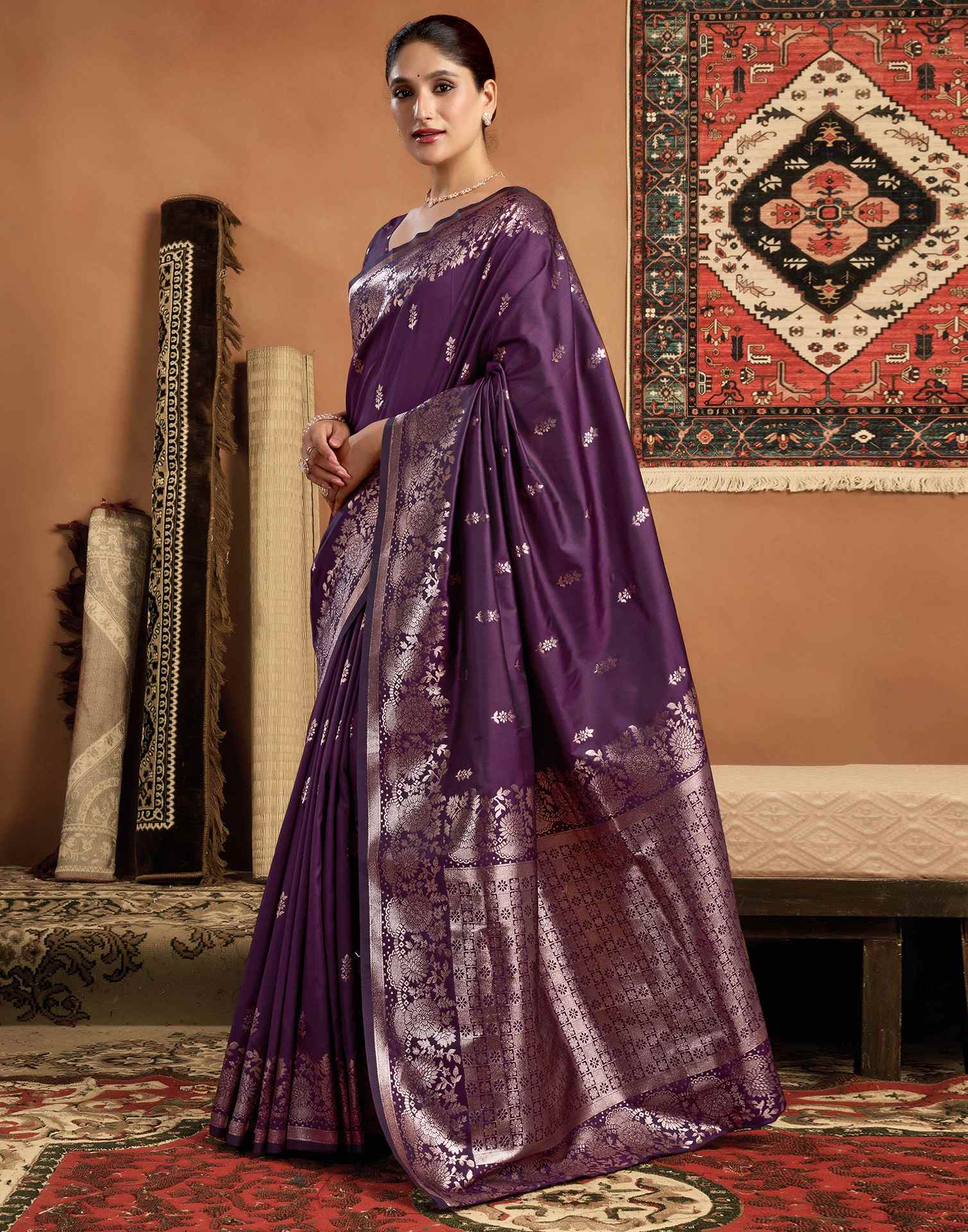 Dark Purple Silk Woven Banarasi Saree - Image 4