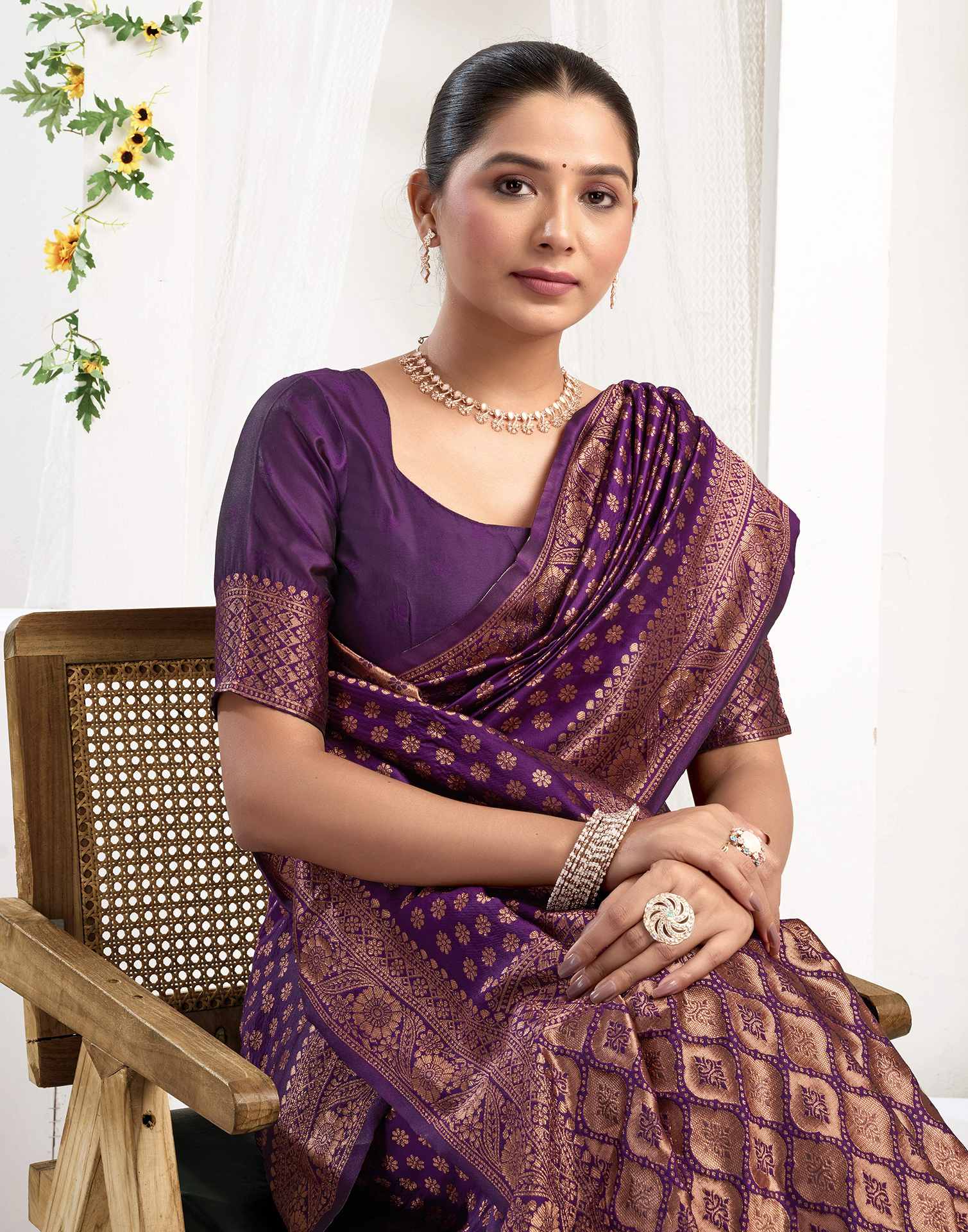 Dark Purple Silk Woven Banarasi Saree - Image 2