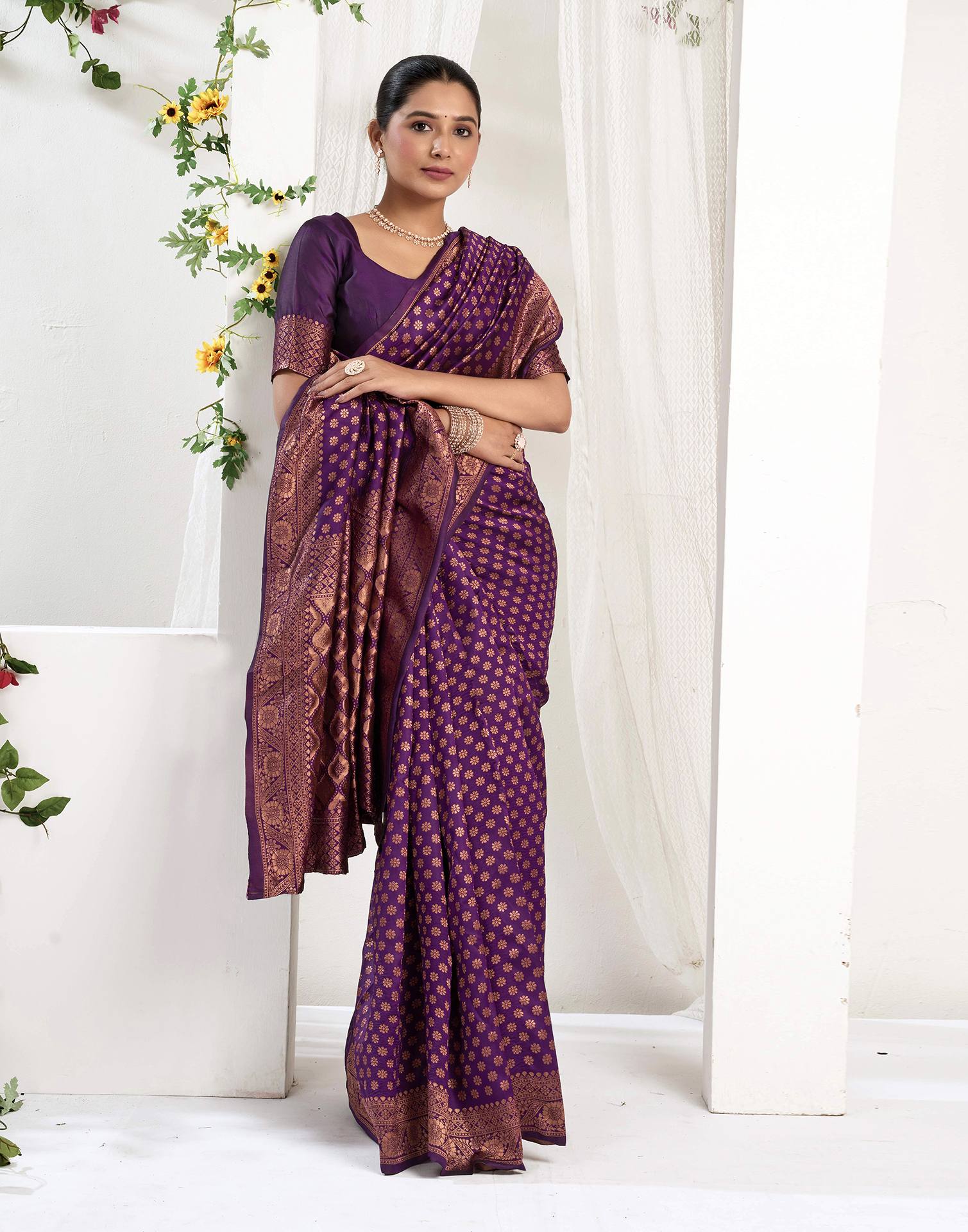 Dark Purple Silk Woven Banarasi Saree - Image 5
