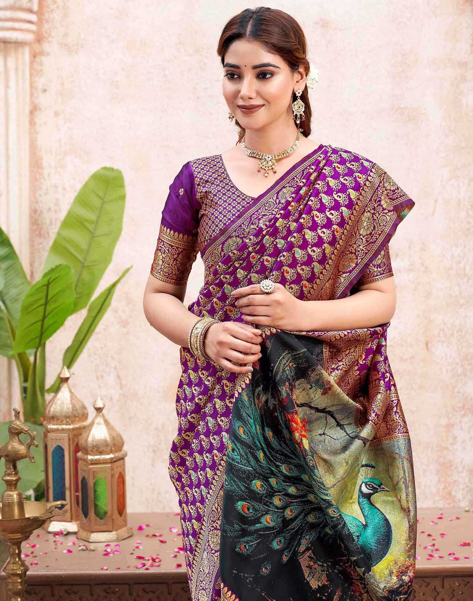 Dark Purple Silk Woven Banarasi Saree - Image 2