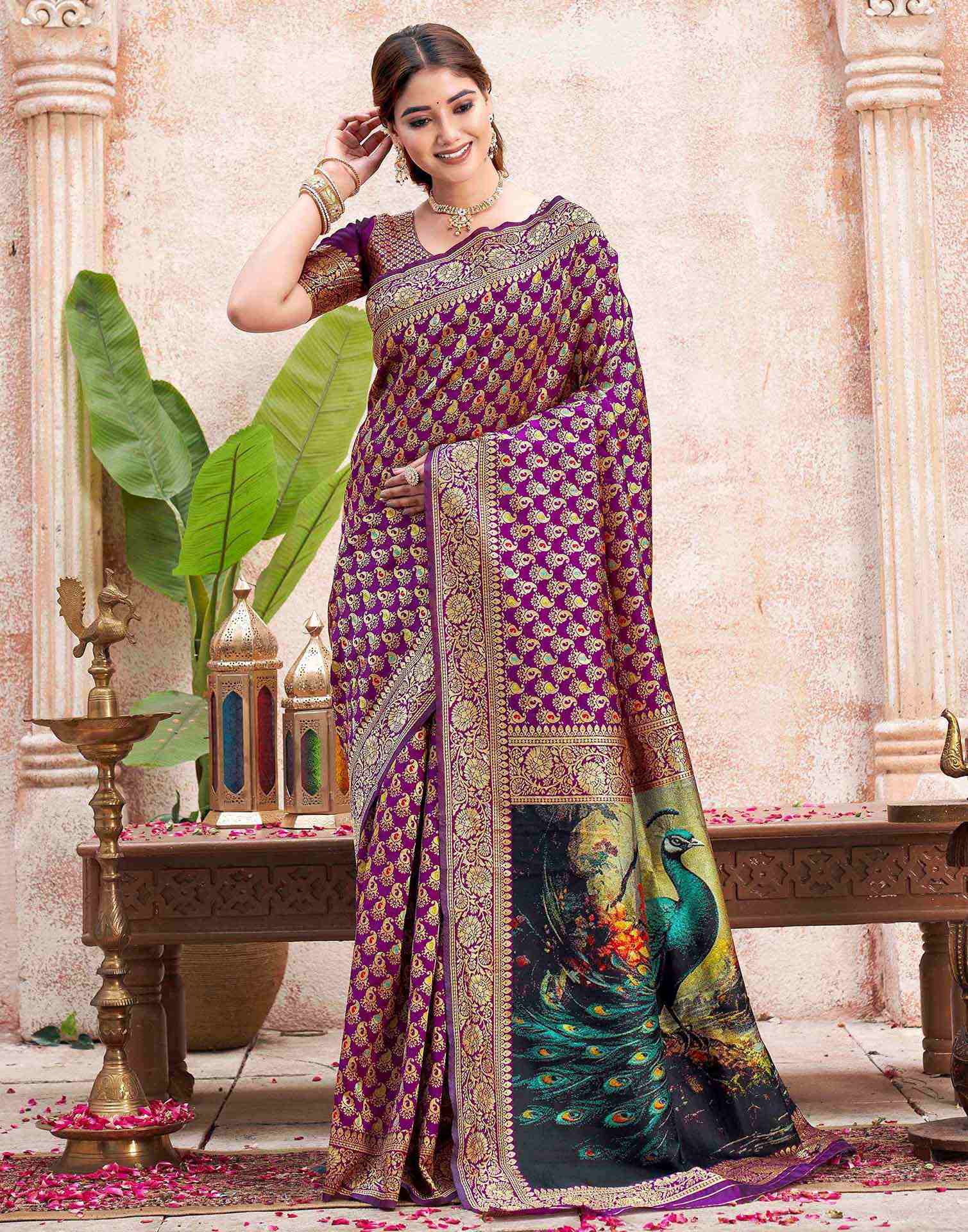 Dark Purple Silk Woven Banarasi Saree - Image 4