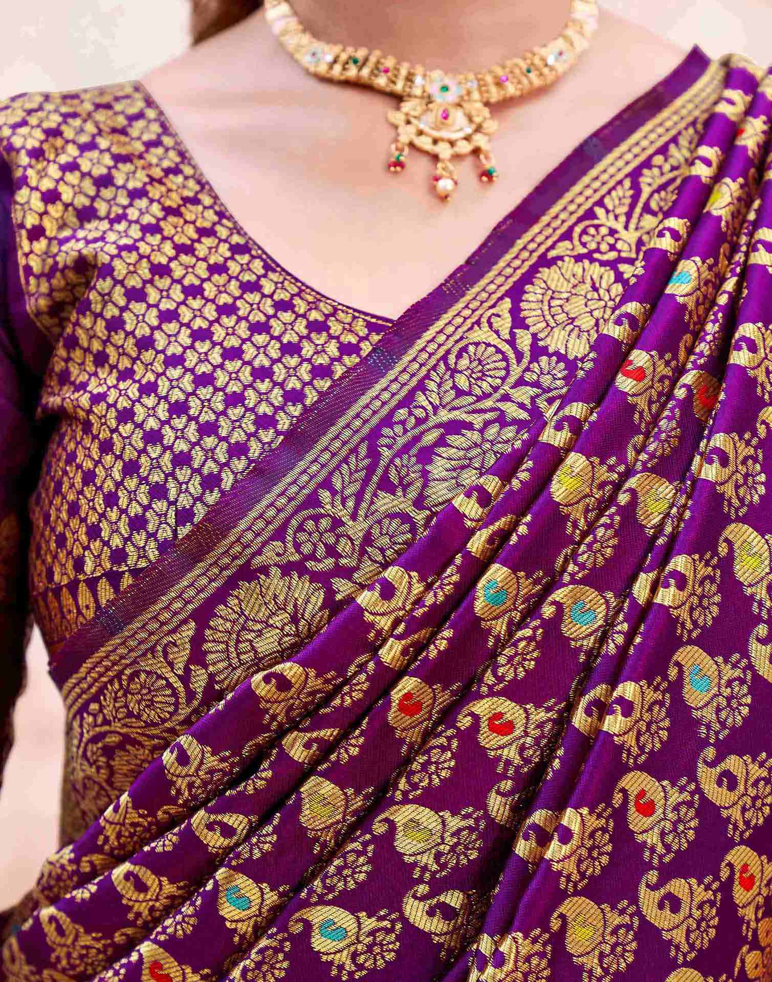 Dark Purple Silk Woven Banarasi Saree - Image 8
