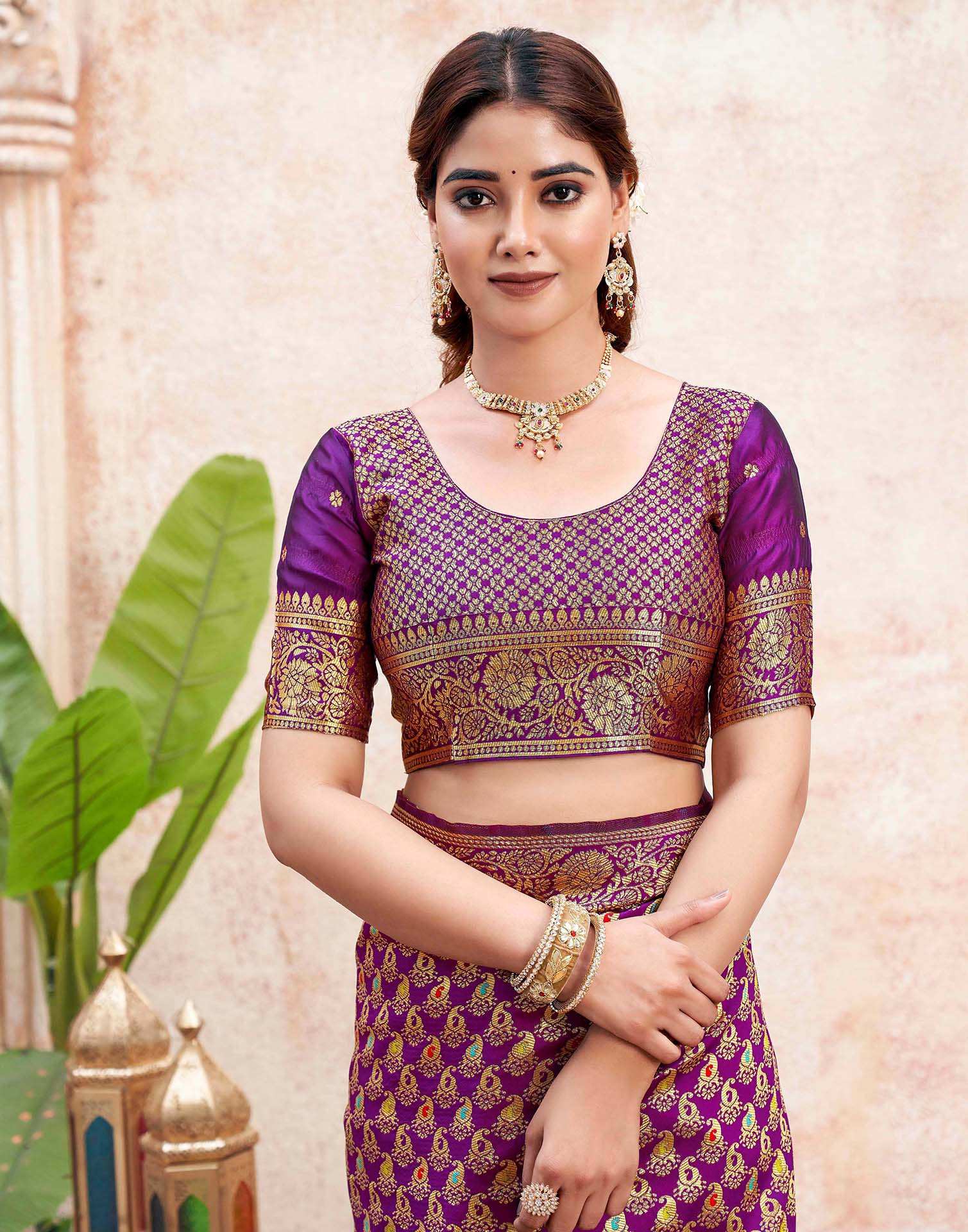 Dark Purple Silk Woven Banarasi Saree - Image 9