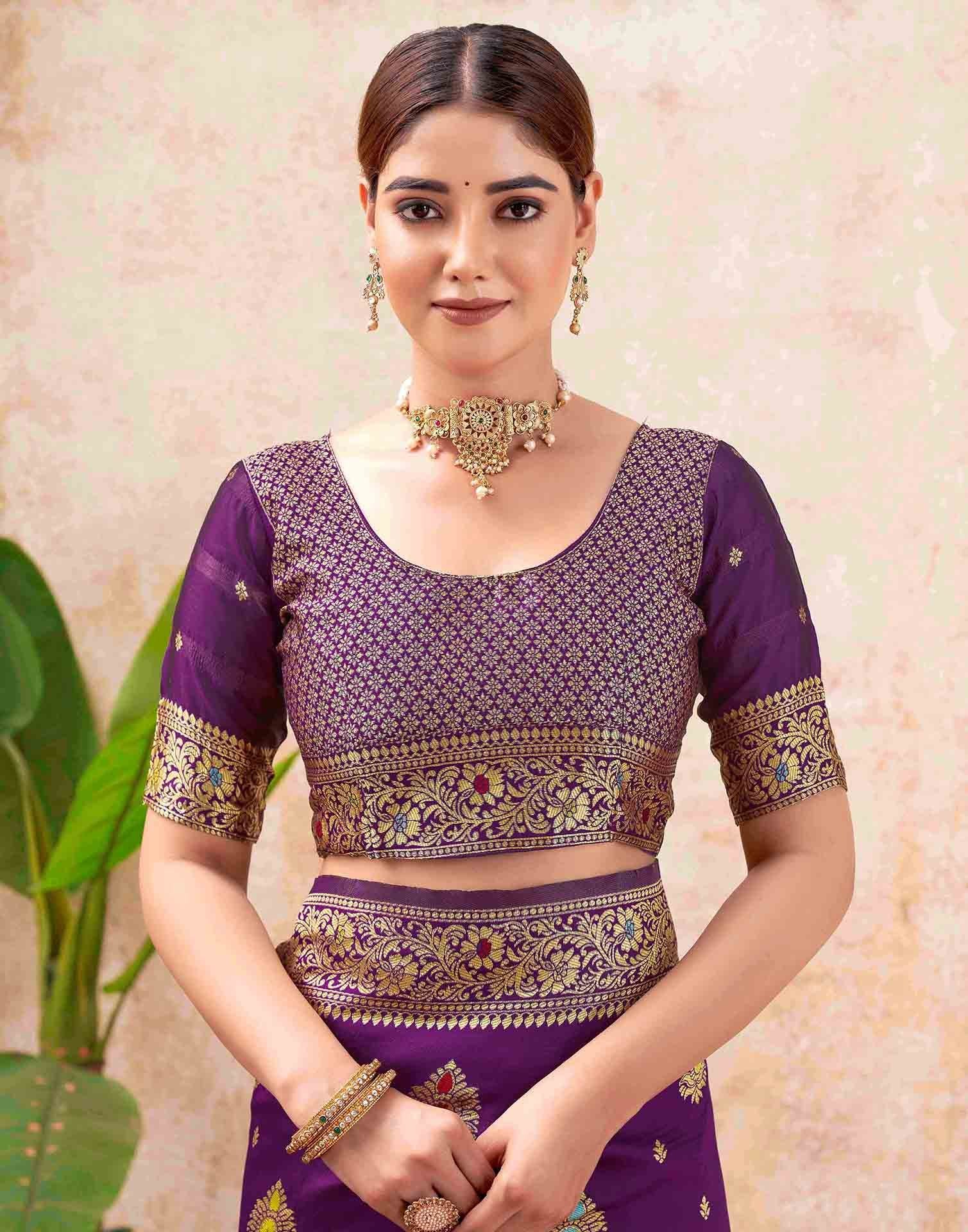Dark Purple Silk Woven Banarasi Saree - Image 10