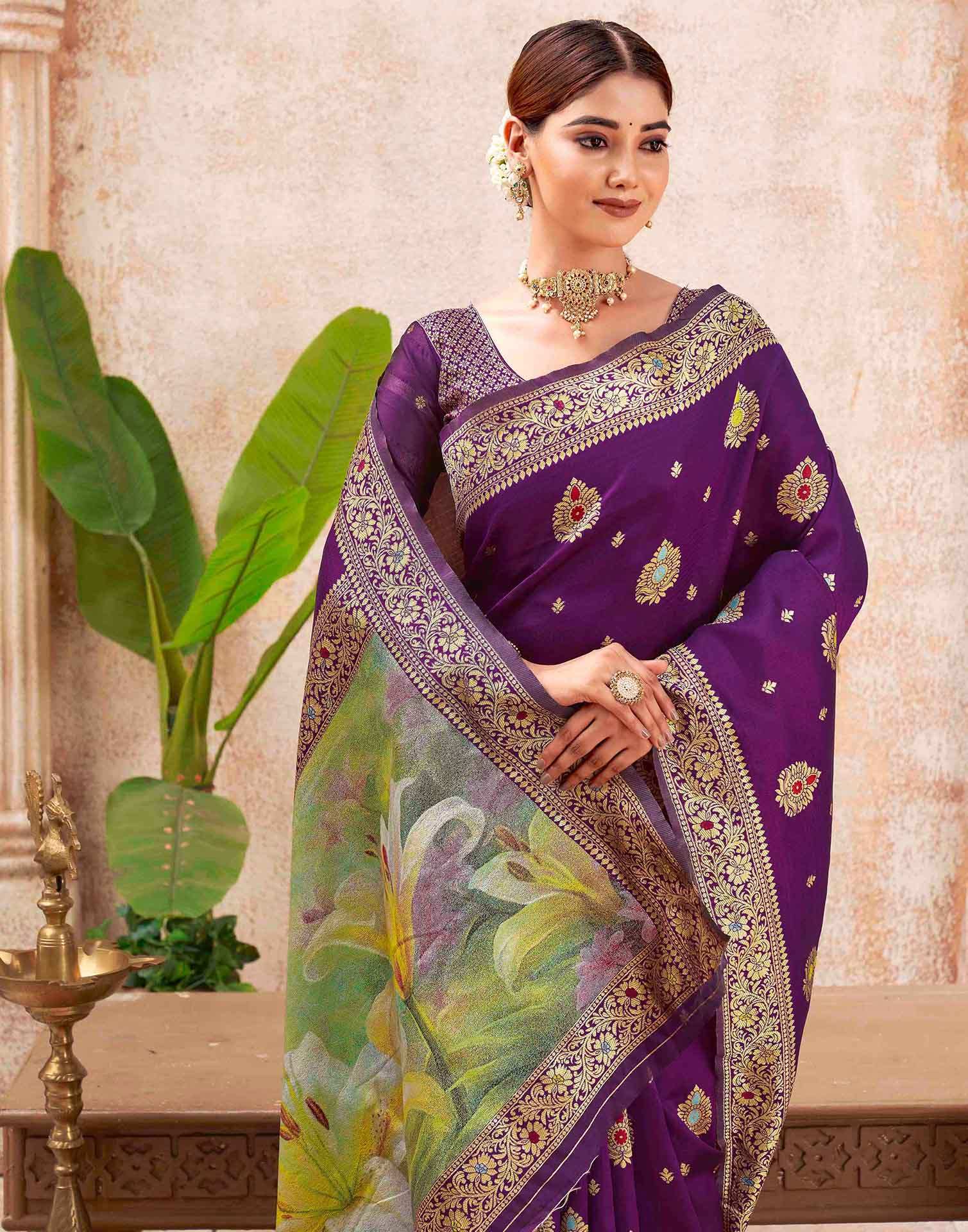 Dark Purple Silk Woven Banarasi Saree - Image 2