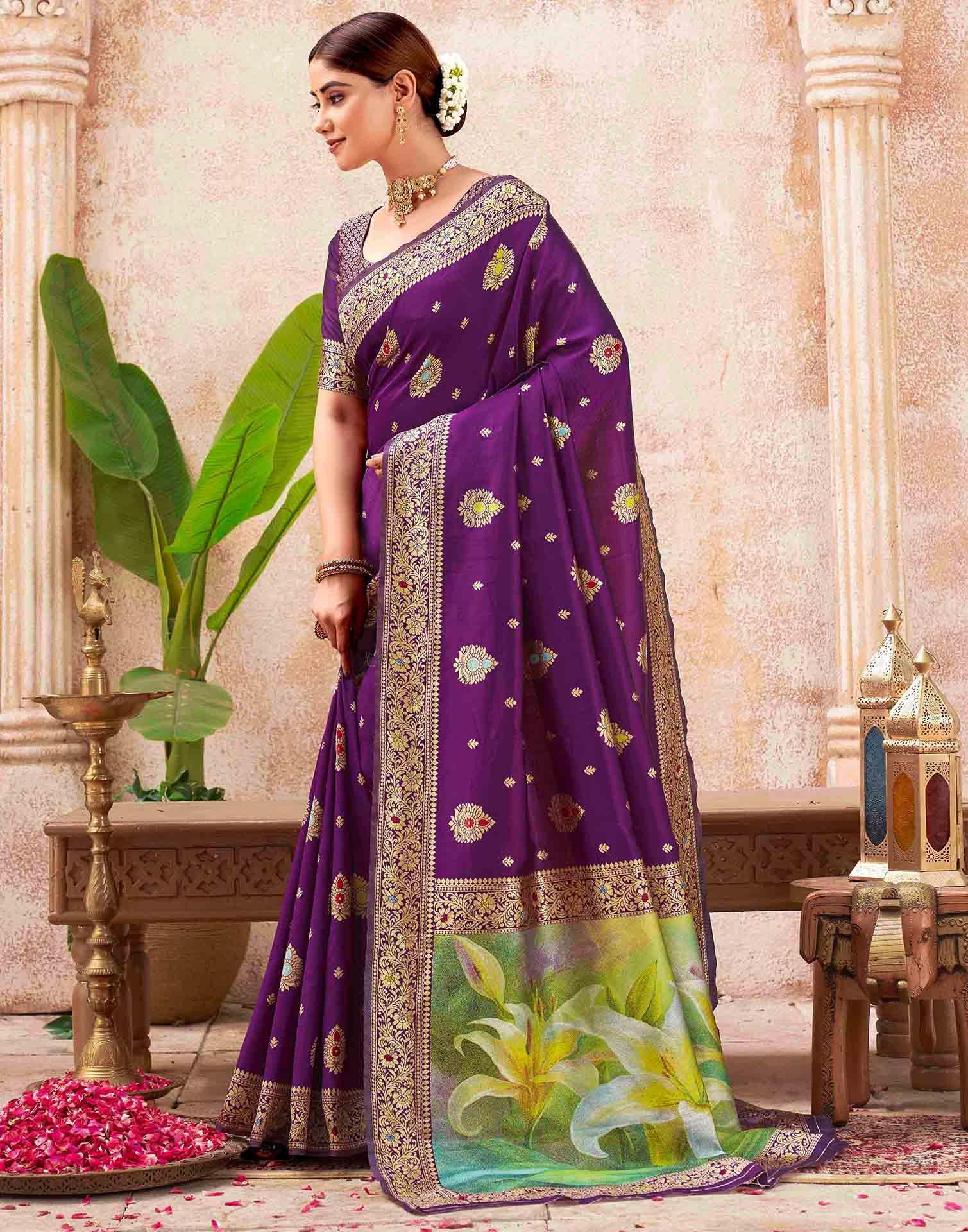 Dark Purple Silk Woven Banarasi Saree - Image 4
