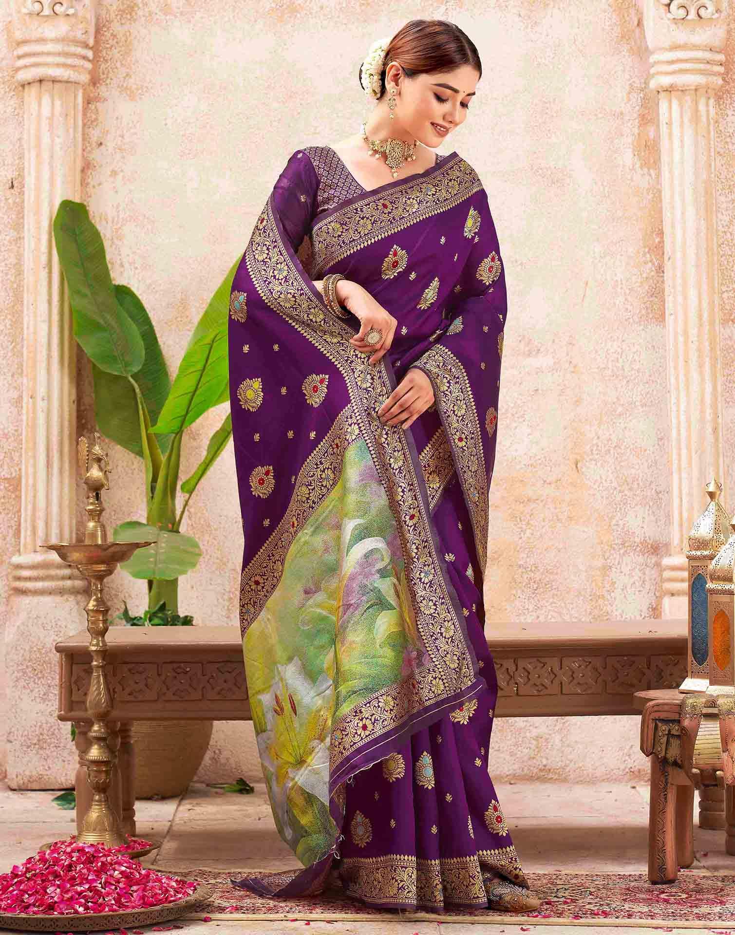Dark Purple Silk Woven Banarasi Saree - Image 5