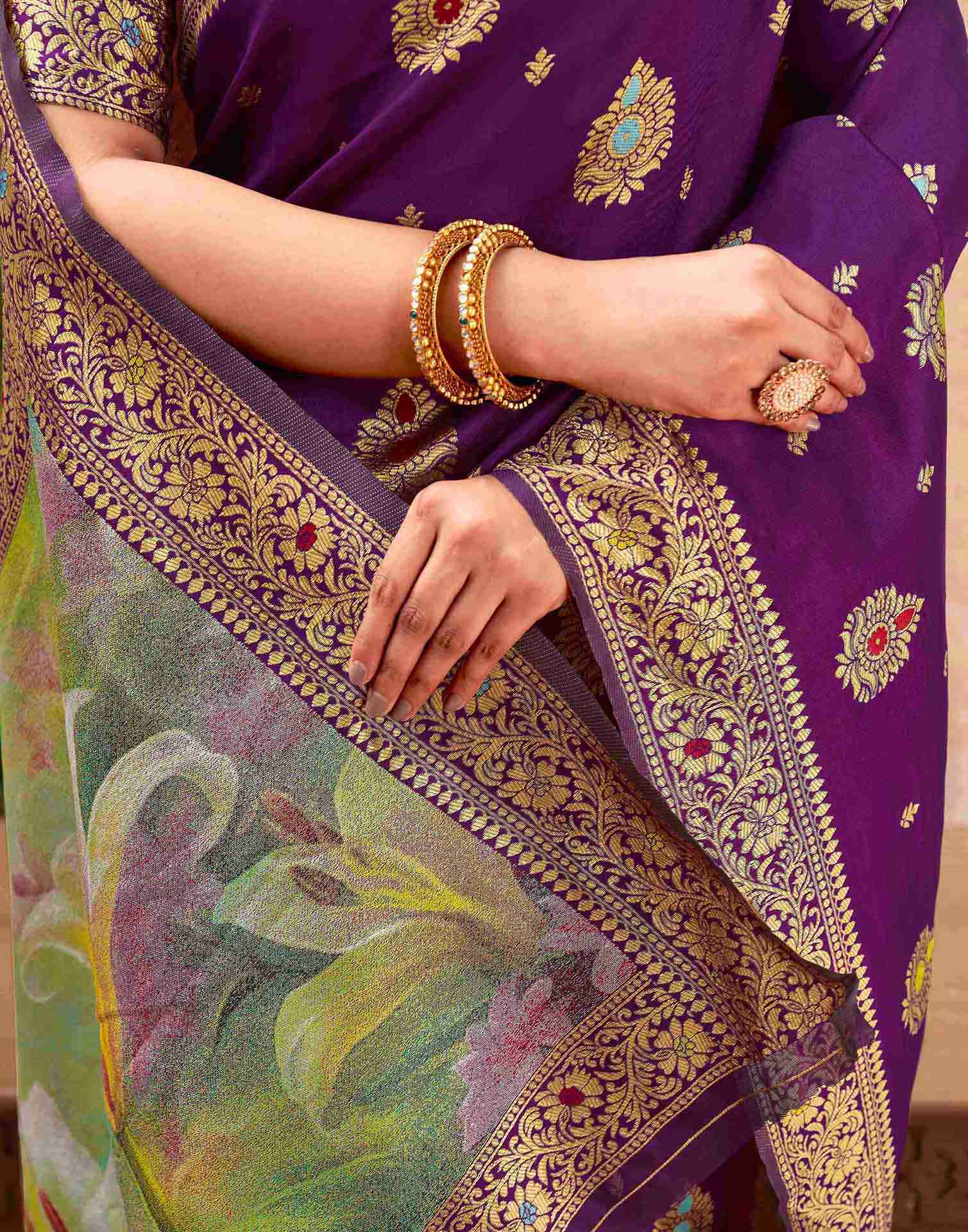 Dark Purple Silk Woven Banarasi Saree - Image 7