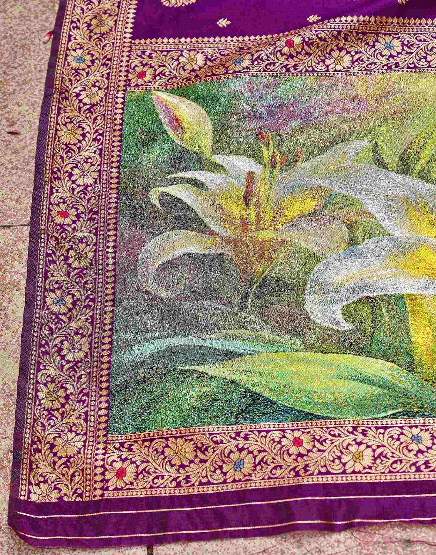Dark Purple Silk Woven Banarasi Saree - Image 9