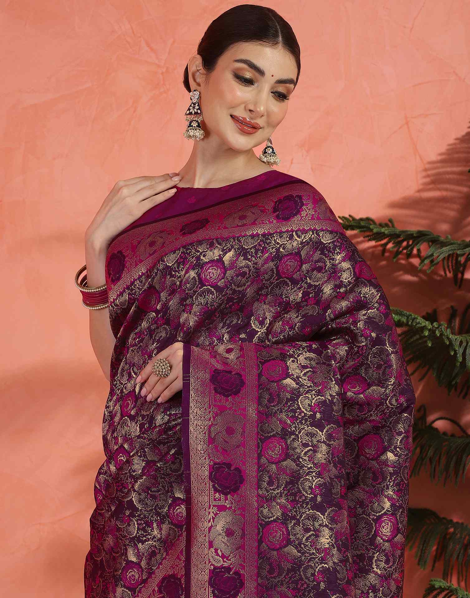 Dark Purple Silk Woven Banarasi Saree - Image 4