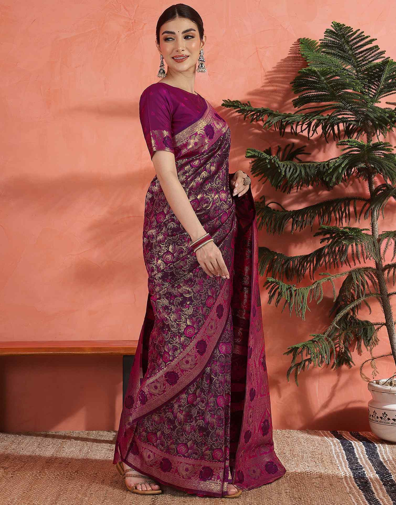 Dark Purple Silk Woven Banarasi Saree - Image 5