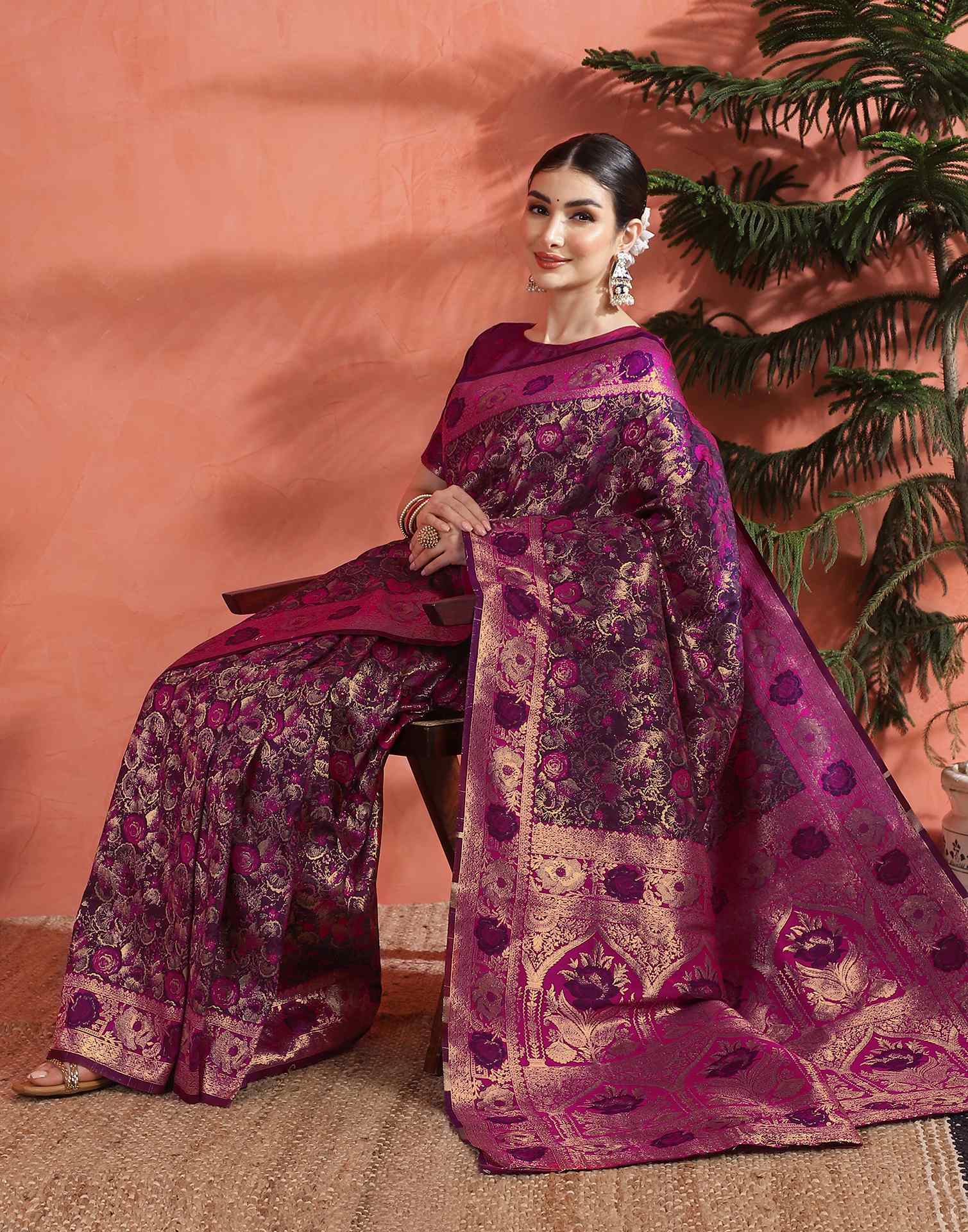 Dark Purple Silk Woven Banarasi Saree - Image 6