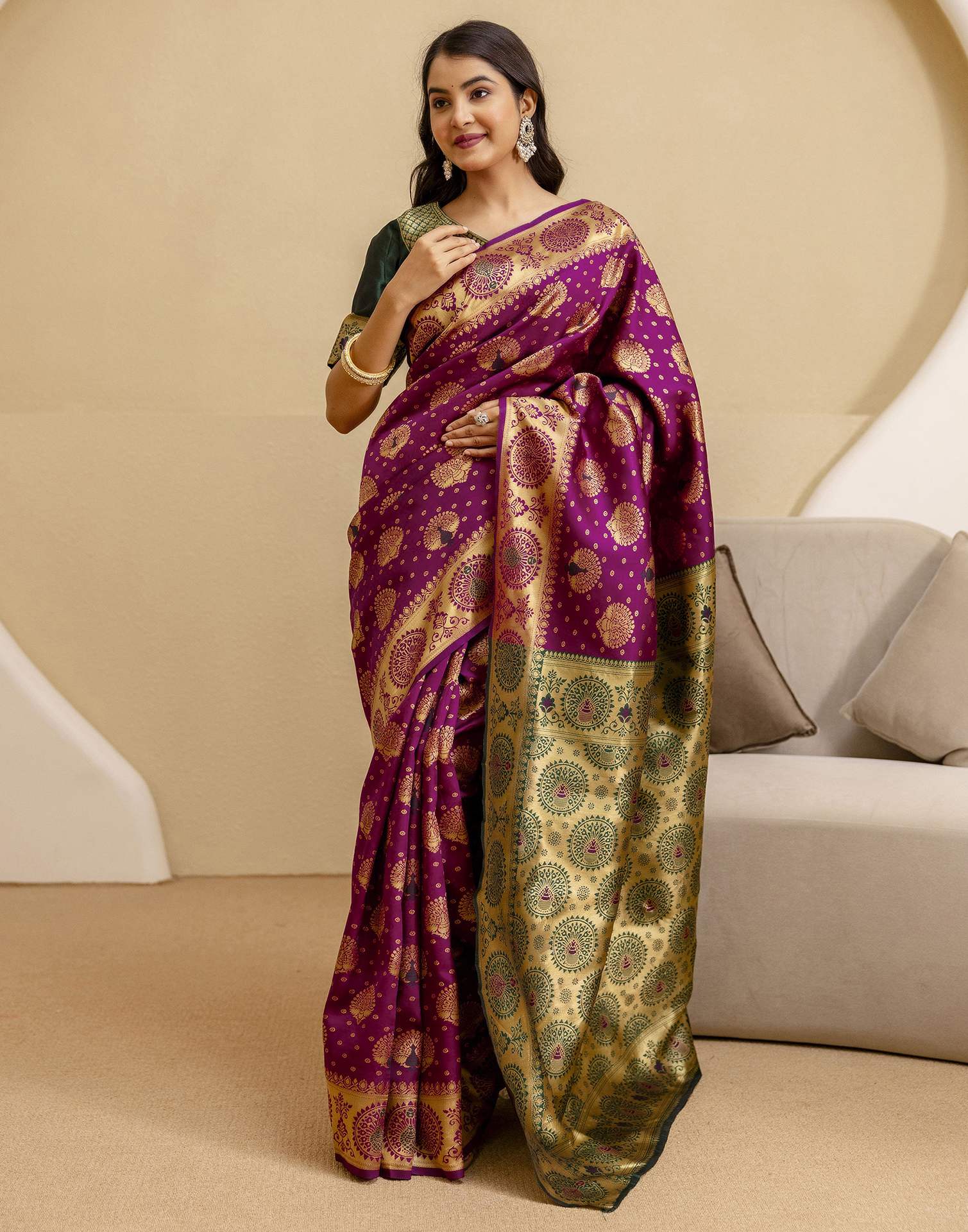 Dark Purple Silk Woven Banarasi Saree - Image 8