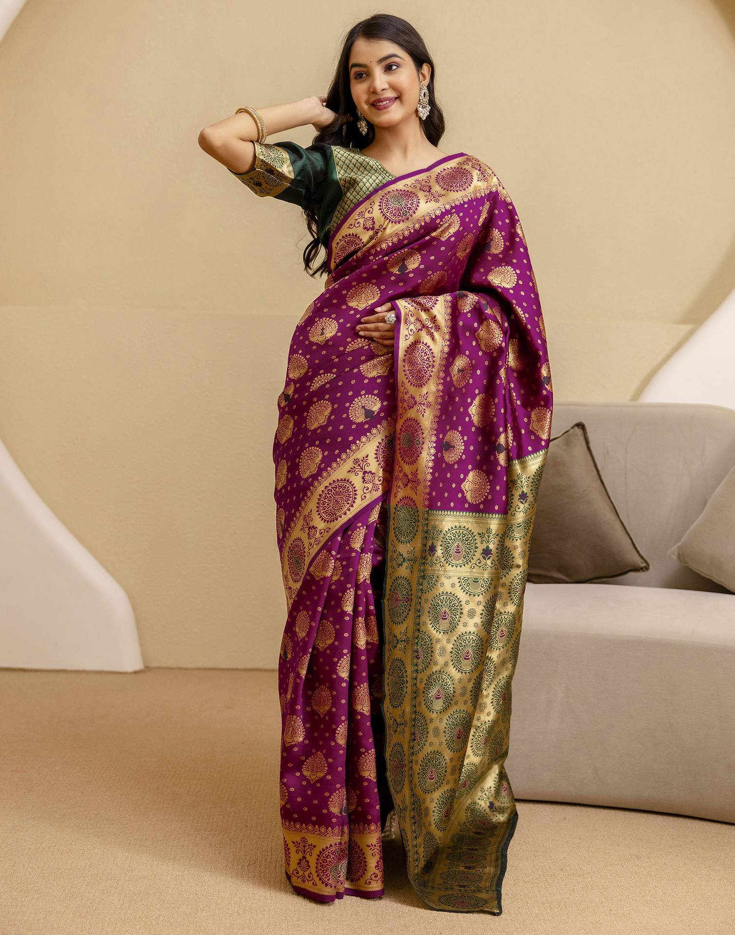 Dark Purple Silk Woven Banarasi Saree - Image 9