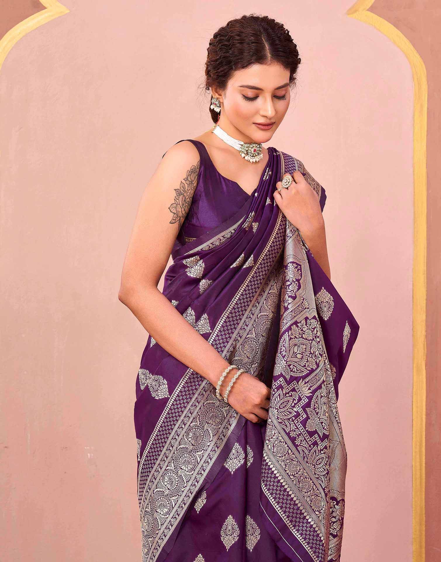 Dark Purple Silk Woven Banarasi Saree - Image 2