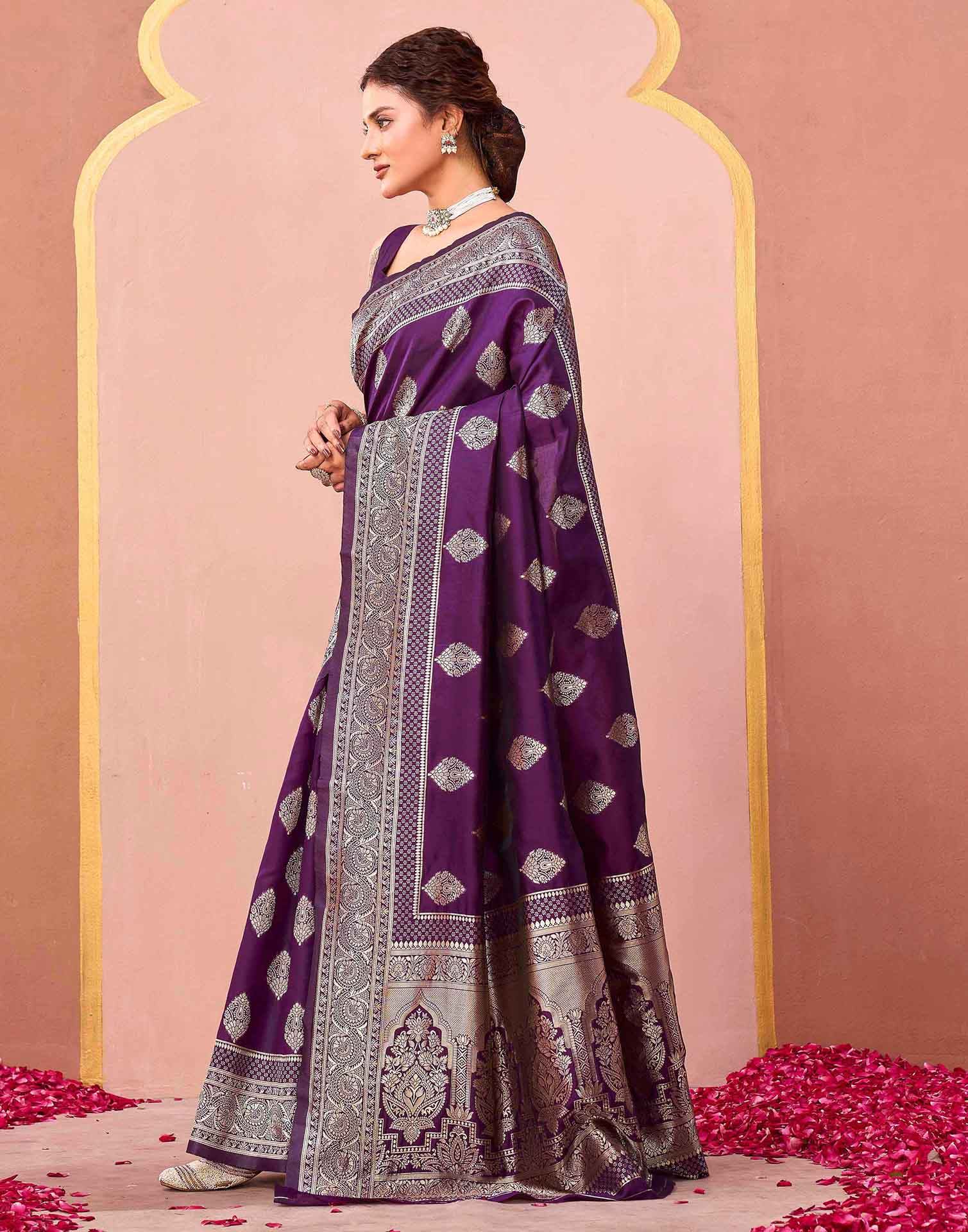 Dark Purple Silk Woven Banarasi Saree - Image 4