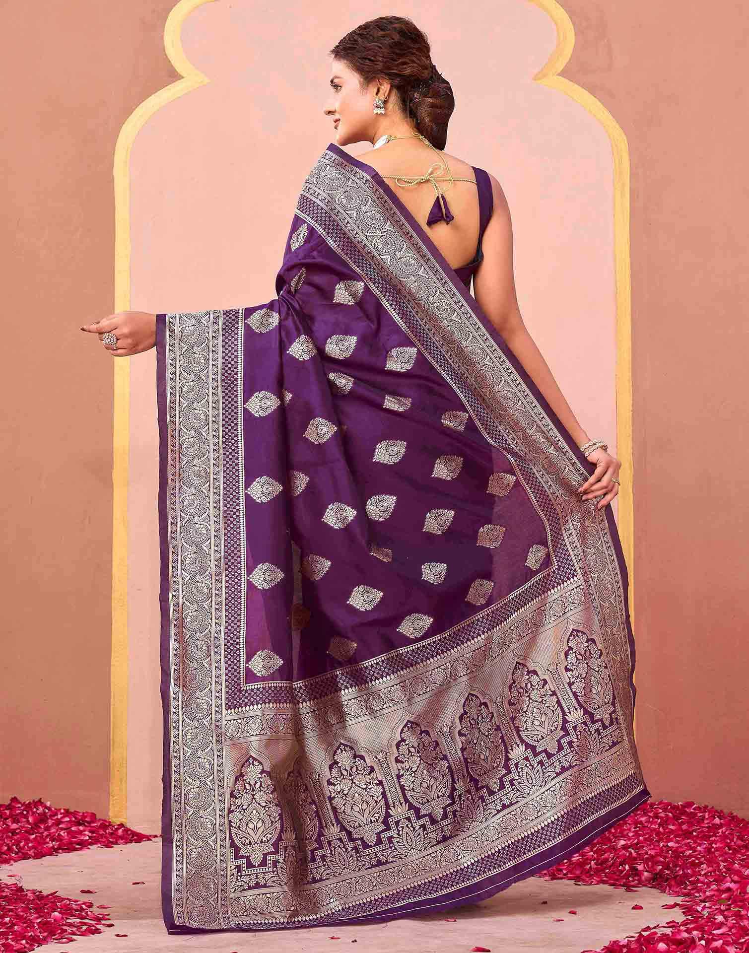 Dark Purple Silk Woven Banarasi Saree - Image 6