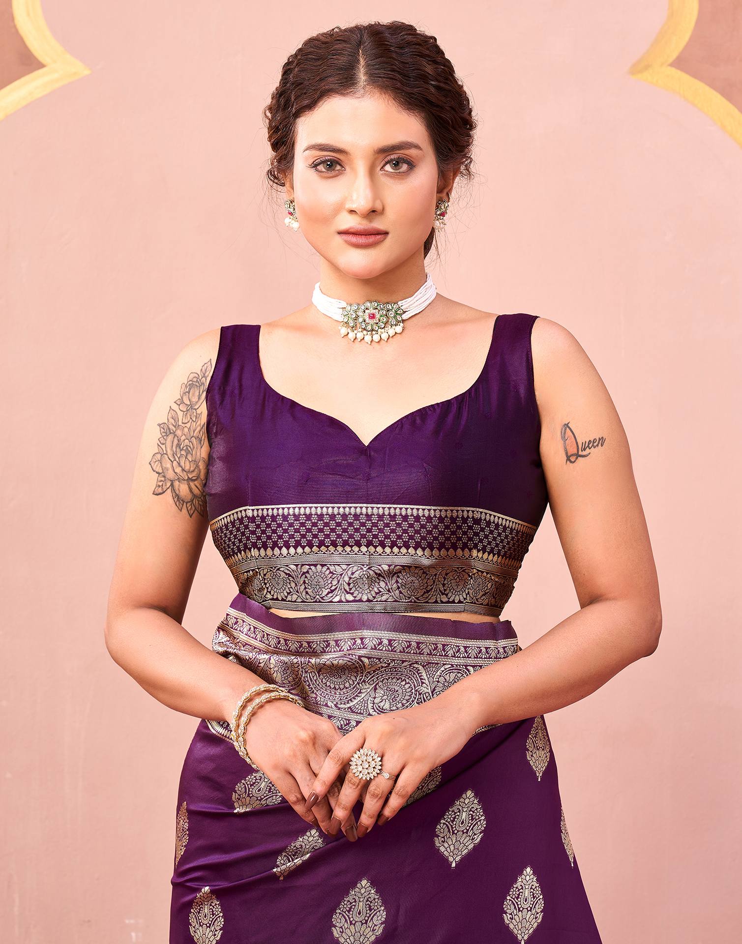 Dark Purple Silk Woven Banarasi Saree - Image 7