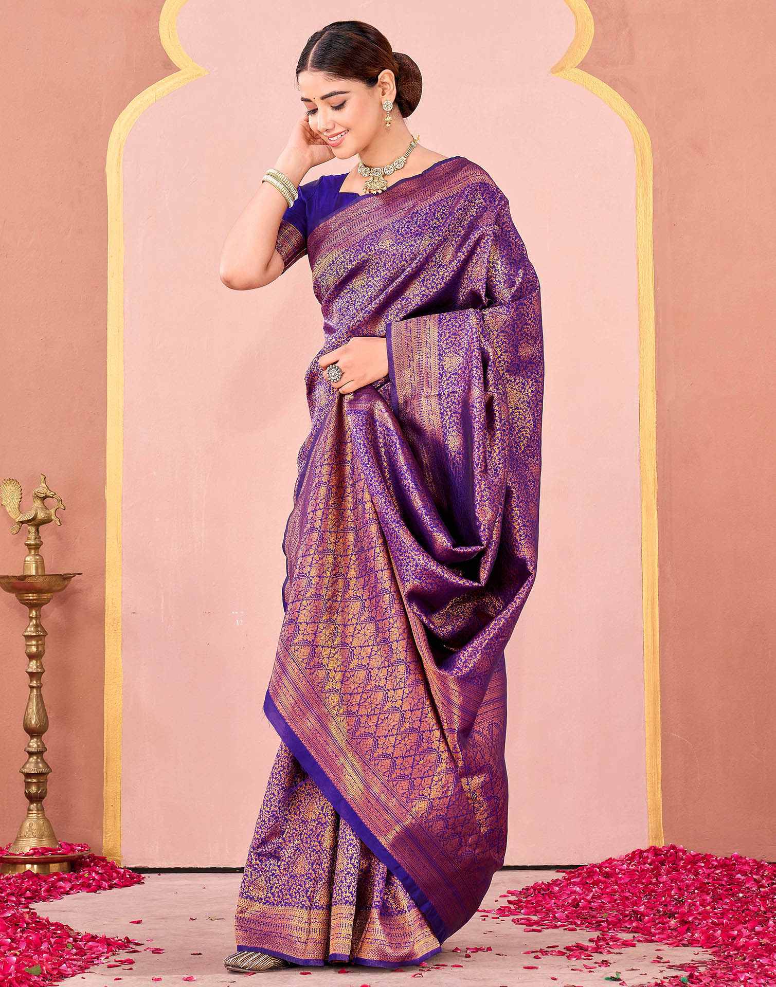 Dark Purple Silk Woven Banarasi Saree - Image 5