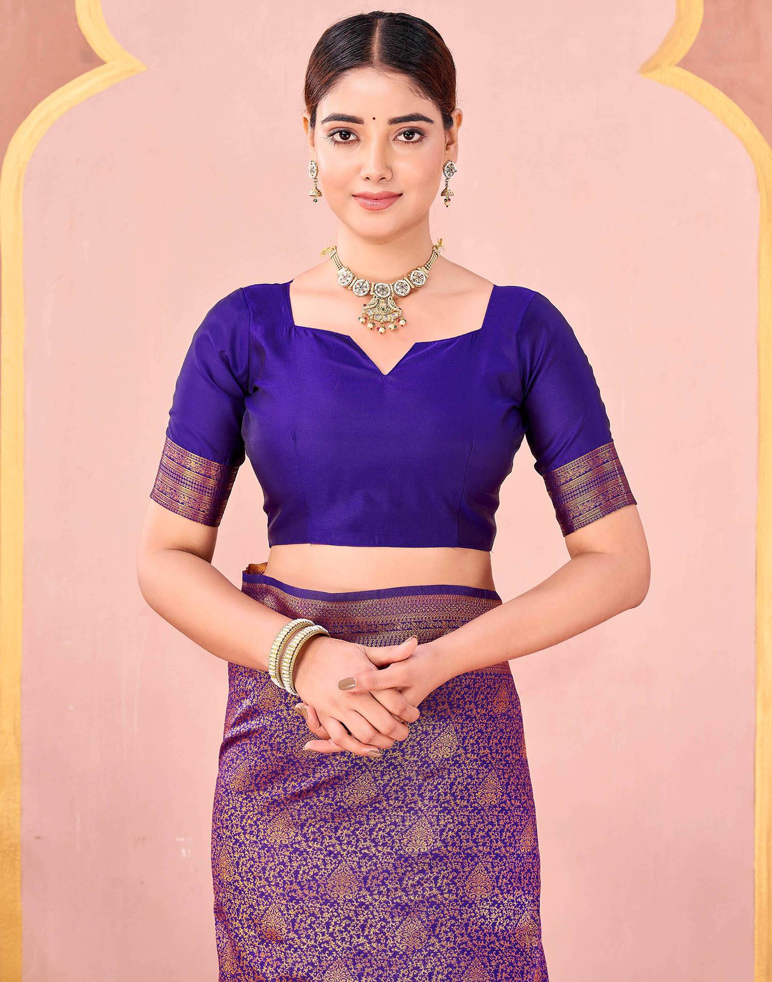 Dark Purple Silk Woven Banarasi Saree - Image 7